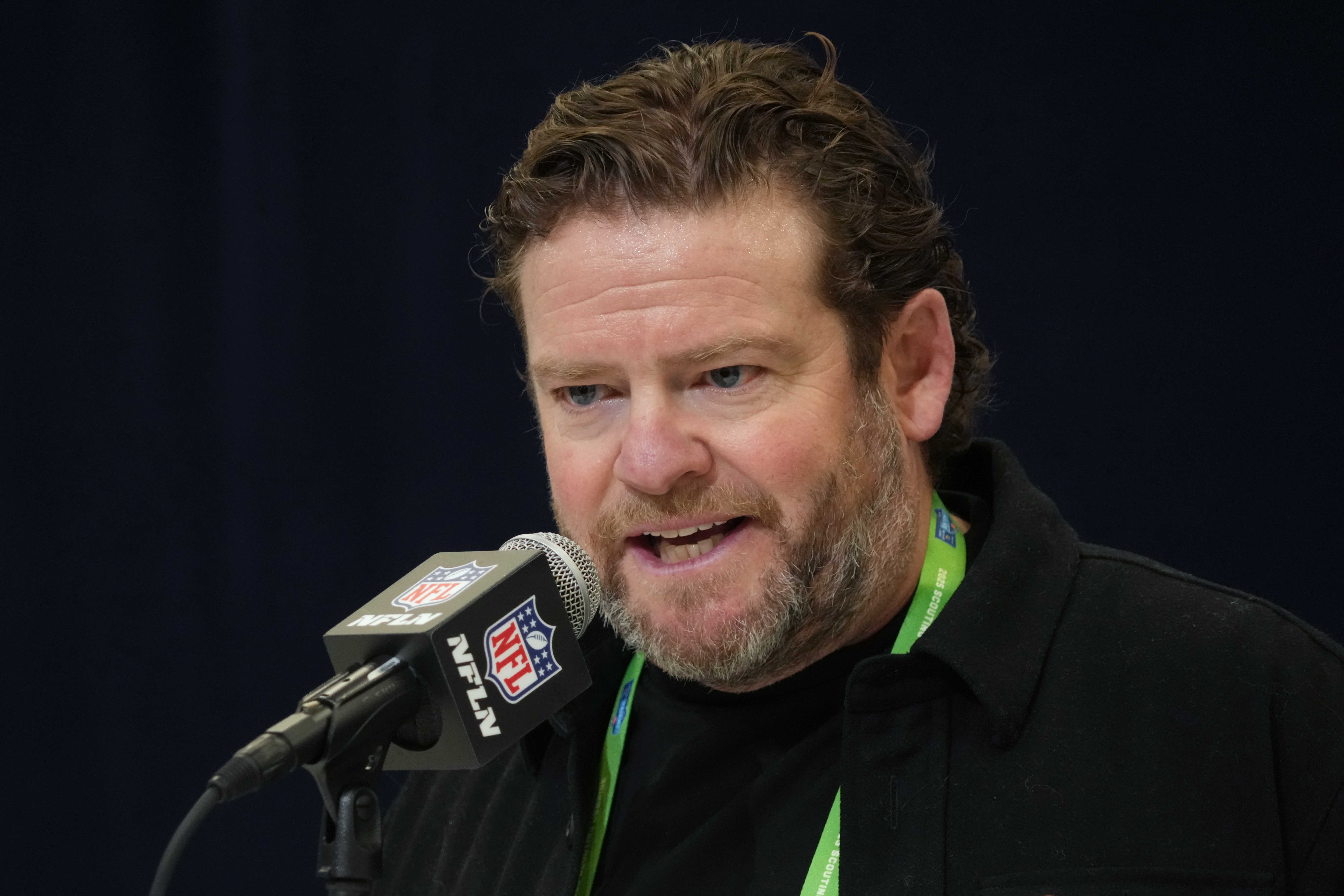 Feb 25, 2025; Indianapolis, IN, USA; Seattle Seahawks general manager John Schneider speaks during the NFL Scouting Combine at the Indiana Convention Center.