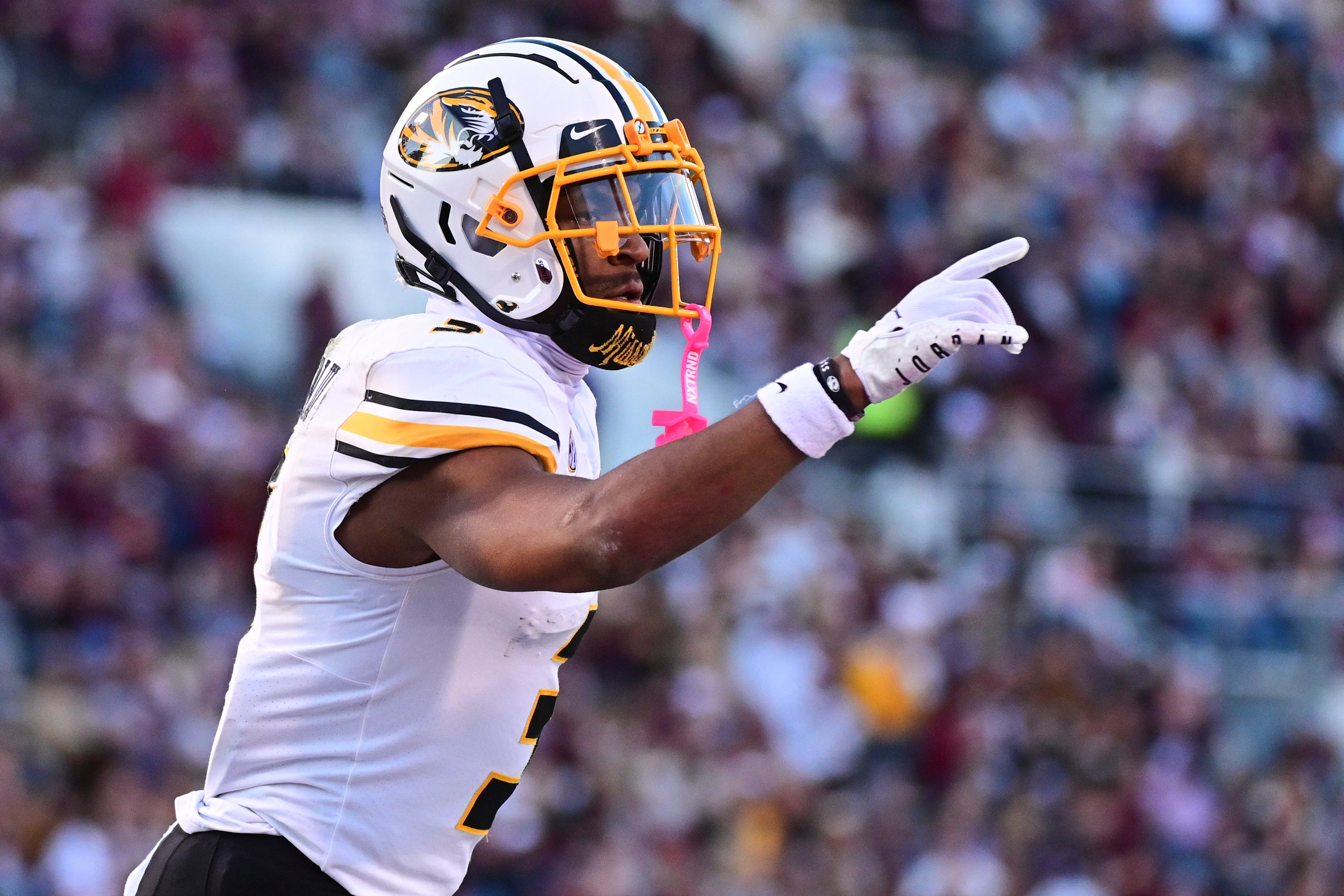 Nov 23, 2024; Starkville, Mississippi, USA; Missouri Tigers wide receiver Luther Burden III (3) reacts after a touchdown against the Mississippi State Bulldogs during the second quarter at Davis Wade Stadium at Scott Field. Mandatory Credit: Matt Bush-Imagn Images