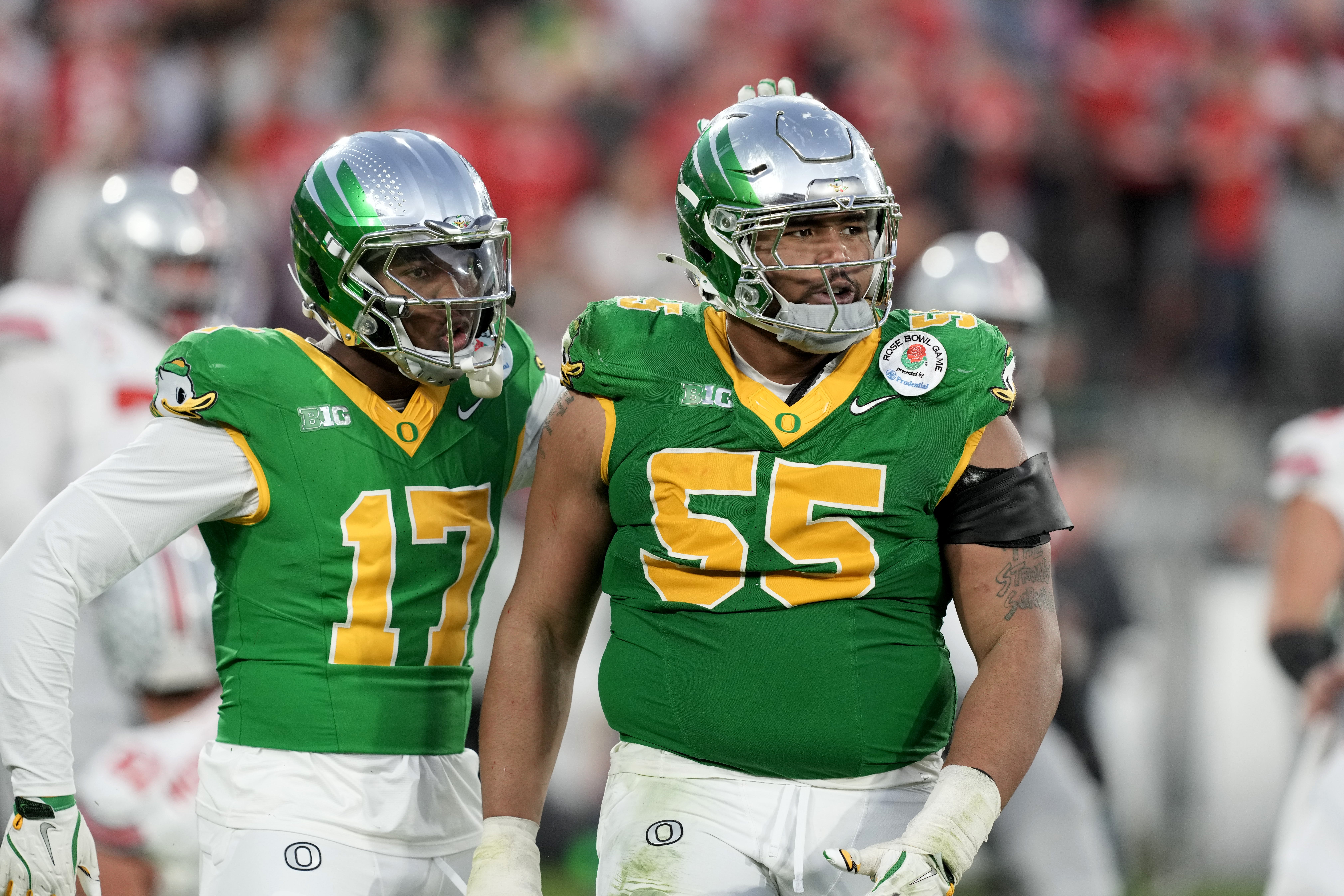 Jan 1, 2025; Pasadena, CA, USA; Oregon Ducks defensive lineman Derrick Harmon (55) reacts in the second half against the Ohio State Buckeyes in the 2025 Rose Bowl college football quarterfinal game at Rose Bowl Stadium.
