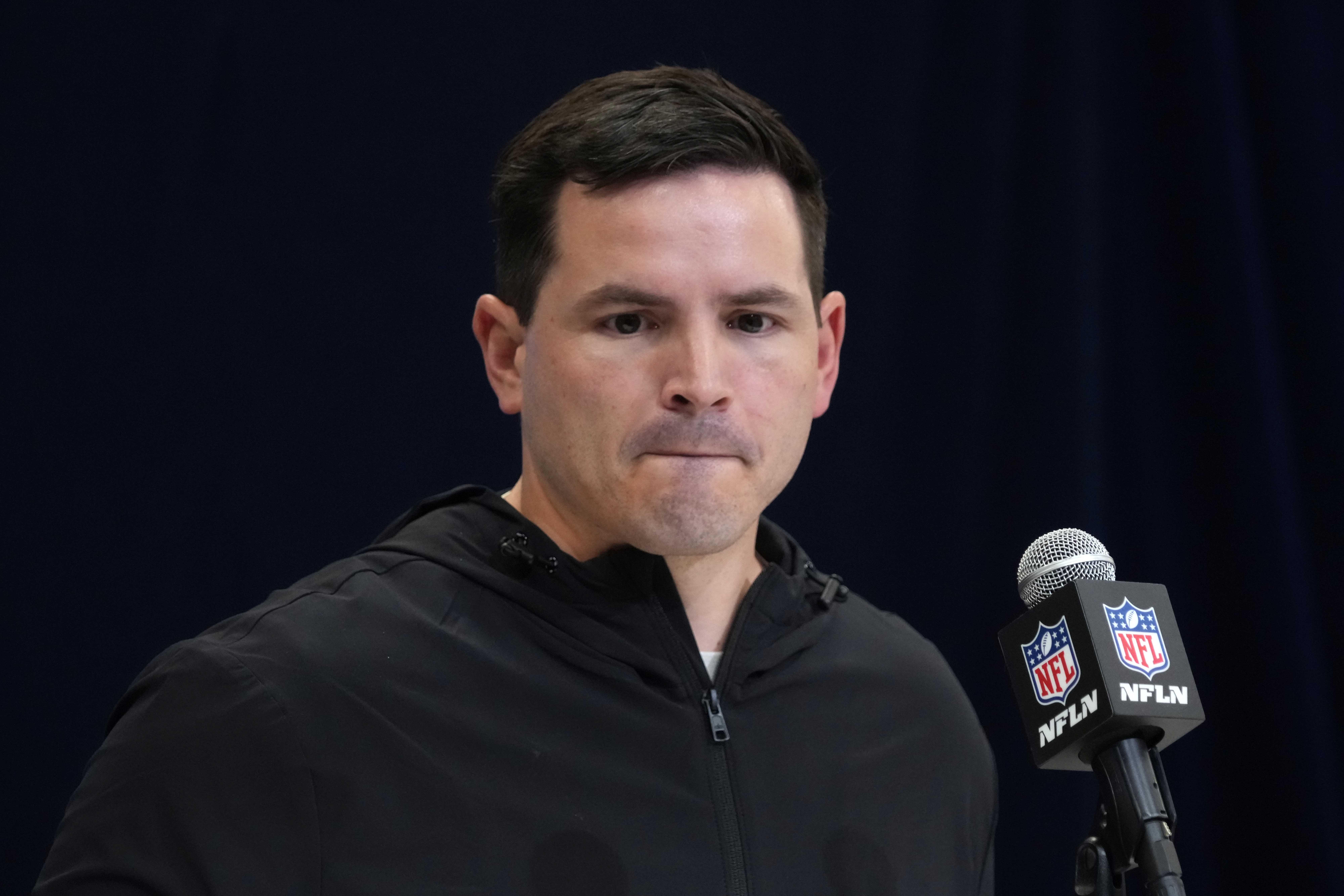 Feb 27, 2025; Indianapolis, IN, USA; Seattle Seahawks coach Mike Macdonald speaks during the 2025 NFL Scouting Combine at the Indiana Convention Center.