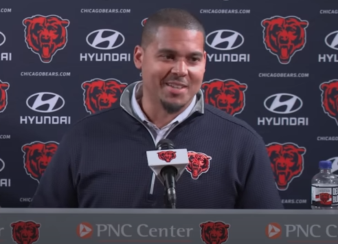 Ryan Poles addresses the media at Halas Hall.