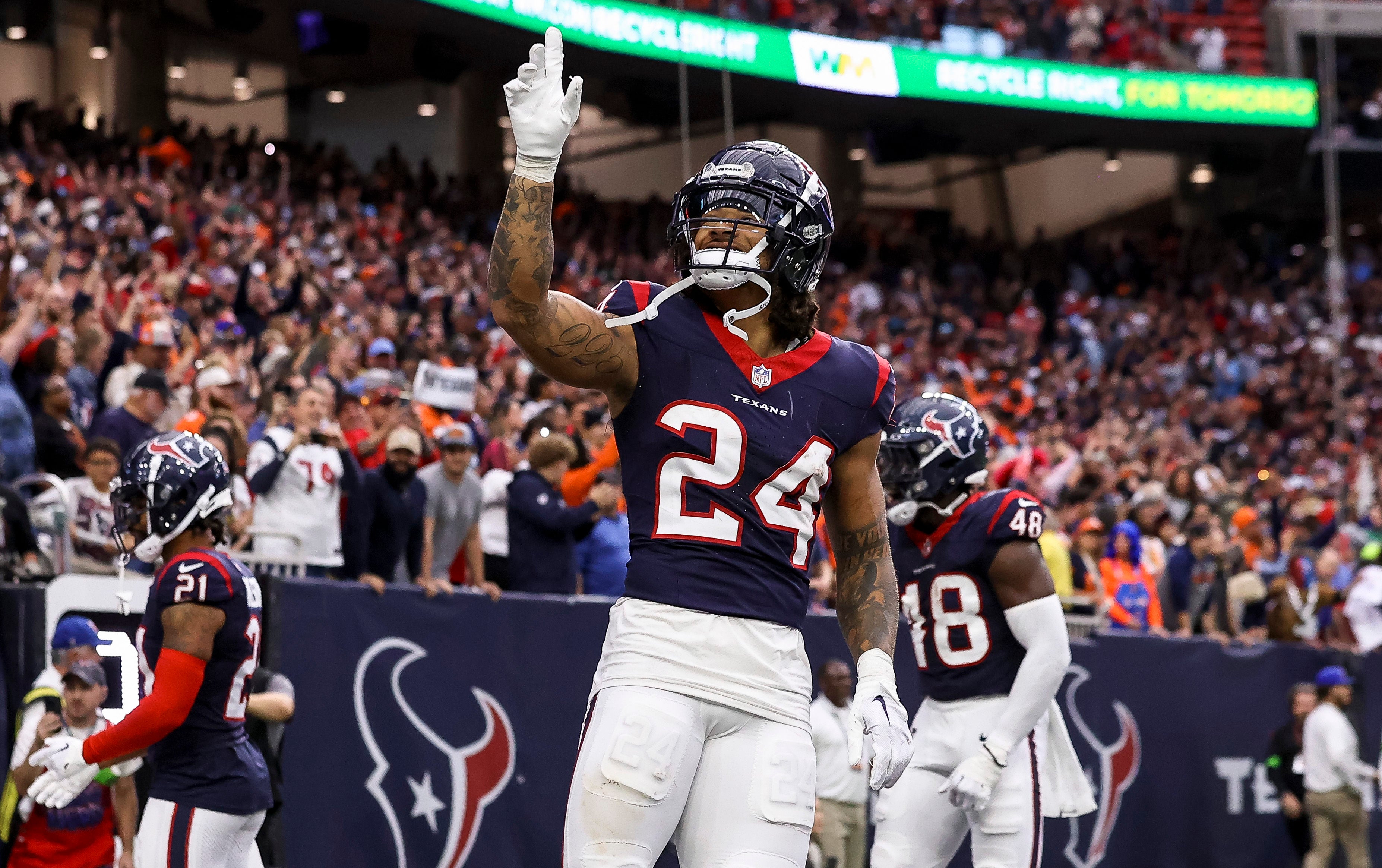 Dec 3, 2023; Houston, Texas, USA; Houston Texans cornerback Derek Stingley Jr. (24) reacts after a play during the fourth quarter against the Denver Broncos at NRG Stadium.