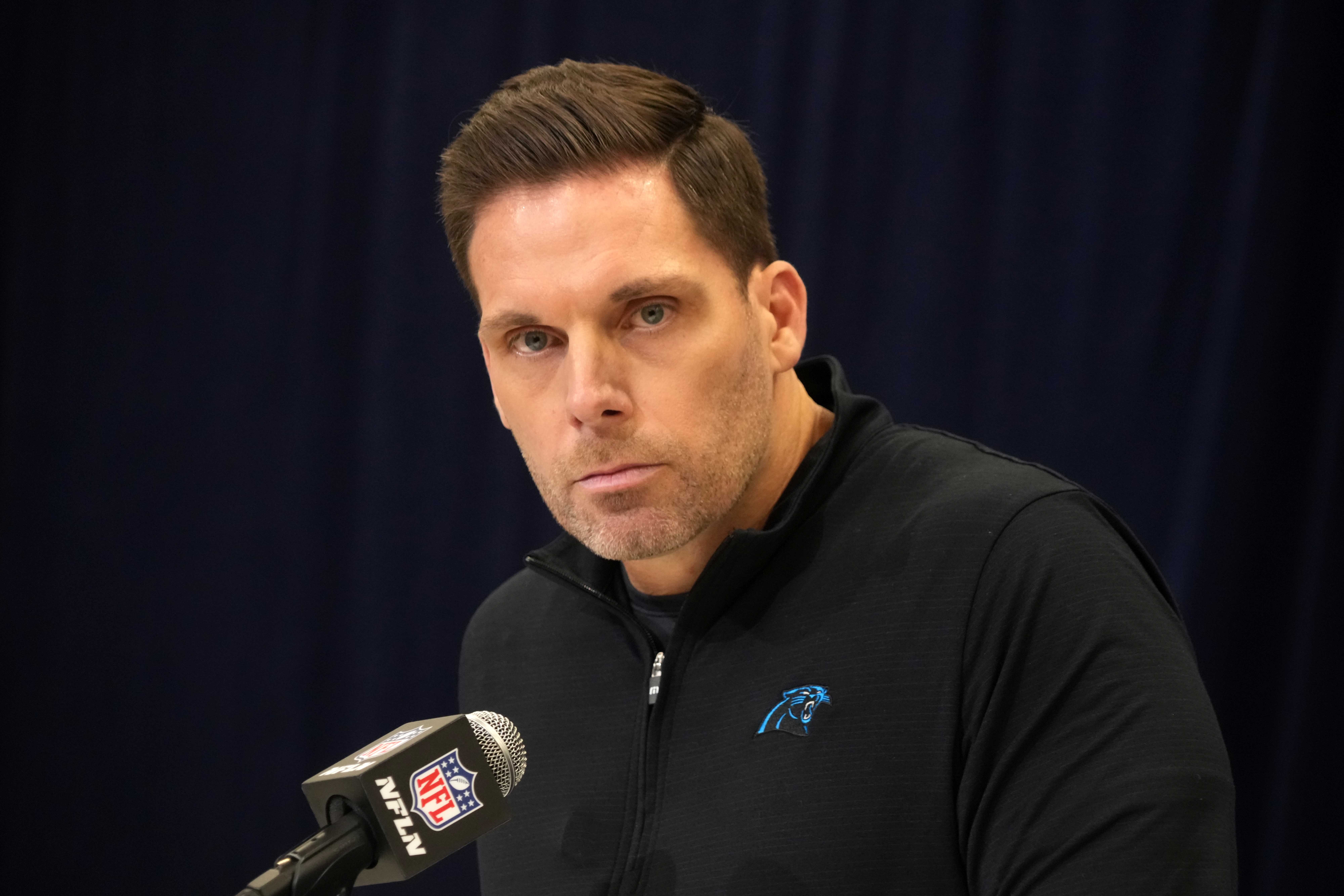 Feb 25, 2025; Indianapolis, IN, USA; Carolina Panthers general manager Dan Morgan speaks during the NFL Scouting Combine at the Indiana Convention Center.