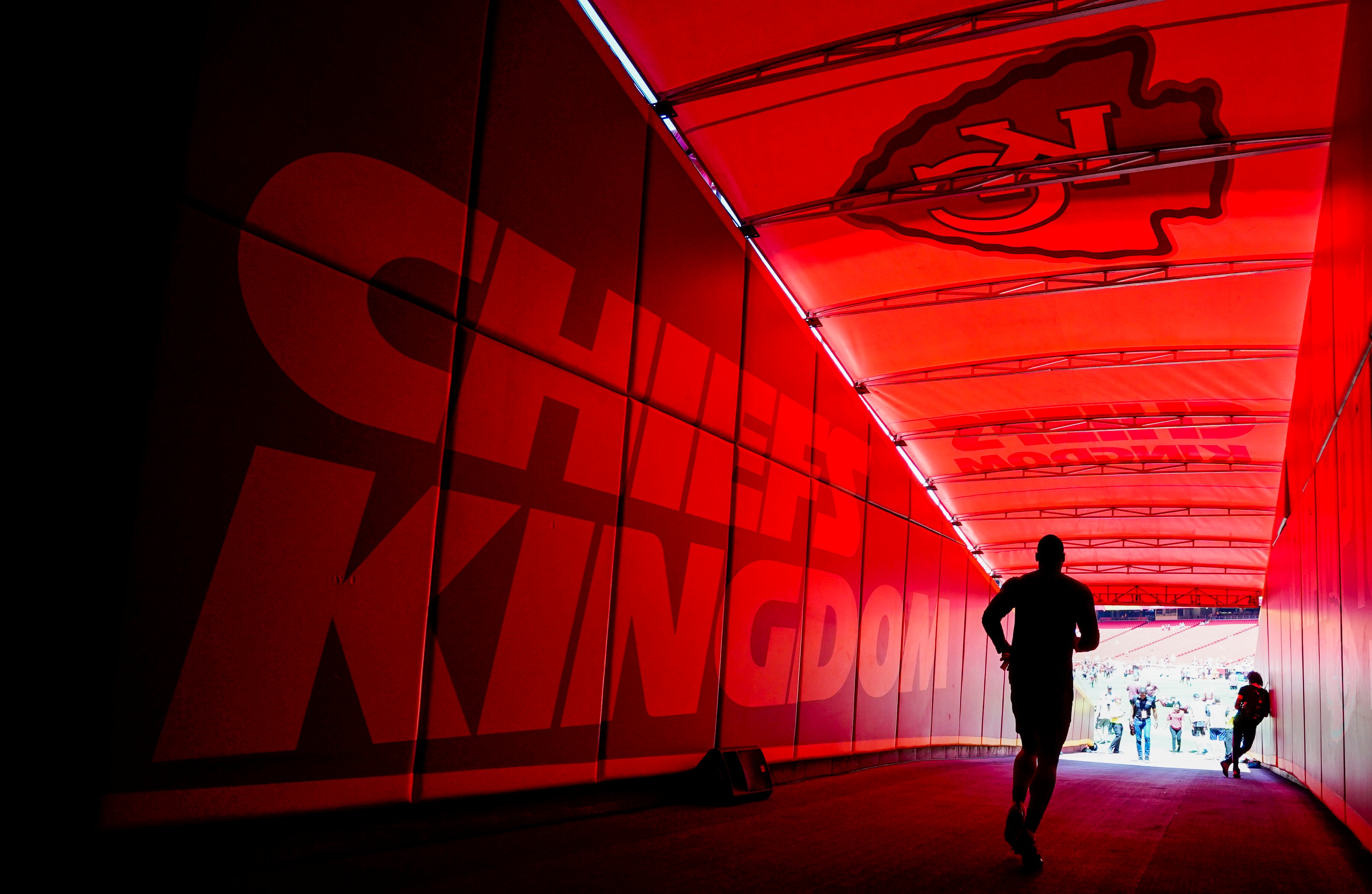 Aug 20, 2022; Kansas City, Missouri, USA; A general view of the tunnel as Washington Commanders players take the field prior to the game against the Kansas City Chiefs at GEHA Field at Arrowhead Stadium.