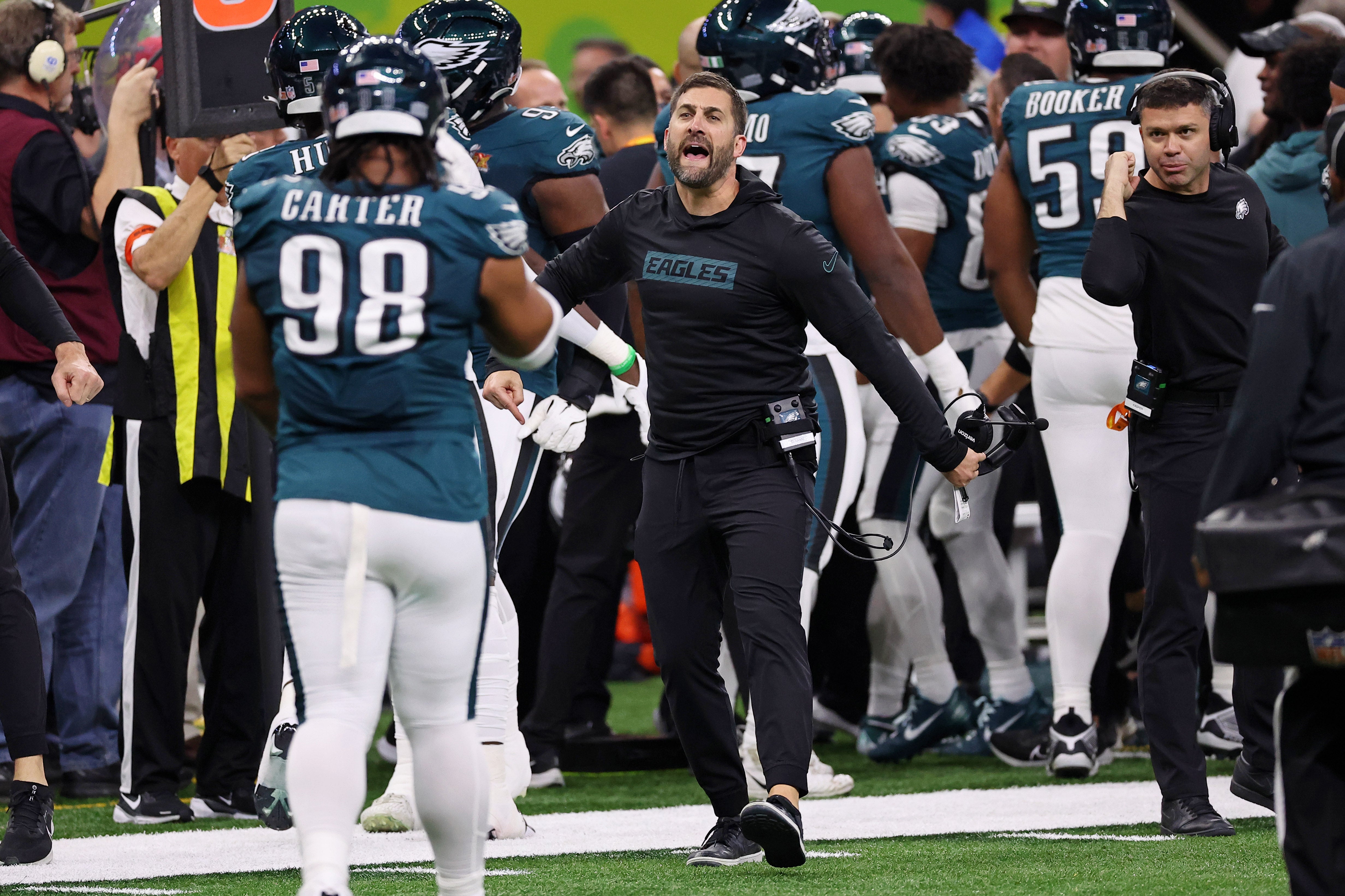 Philadelphia Eagles head coach Nick Sirianni celebrates after a touchdown against the Kansas City Chiefs of Super Bowl LIX at Caesars Superdome.
