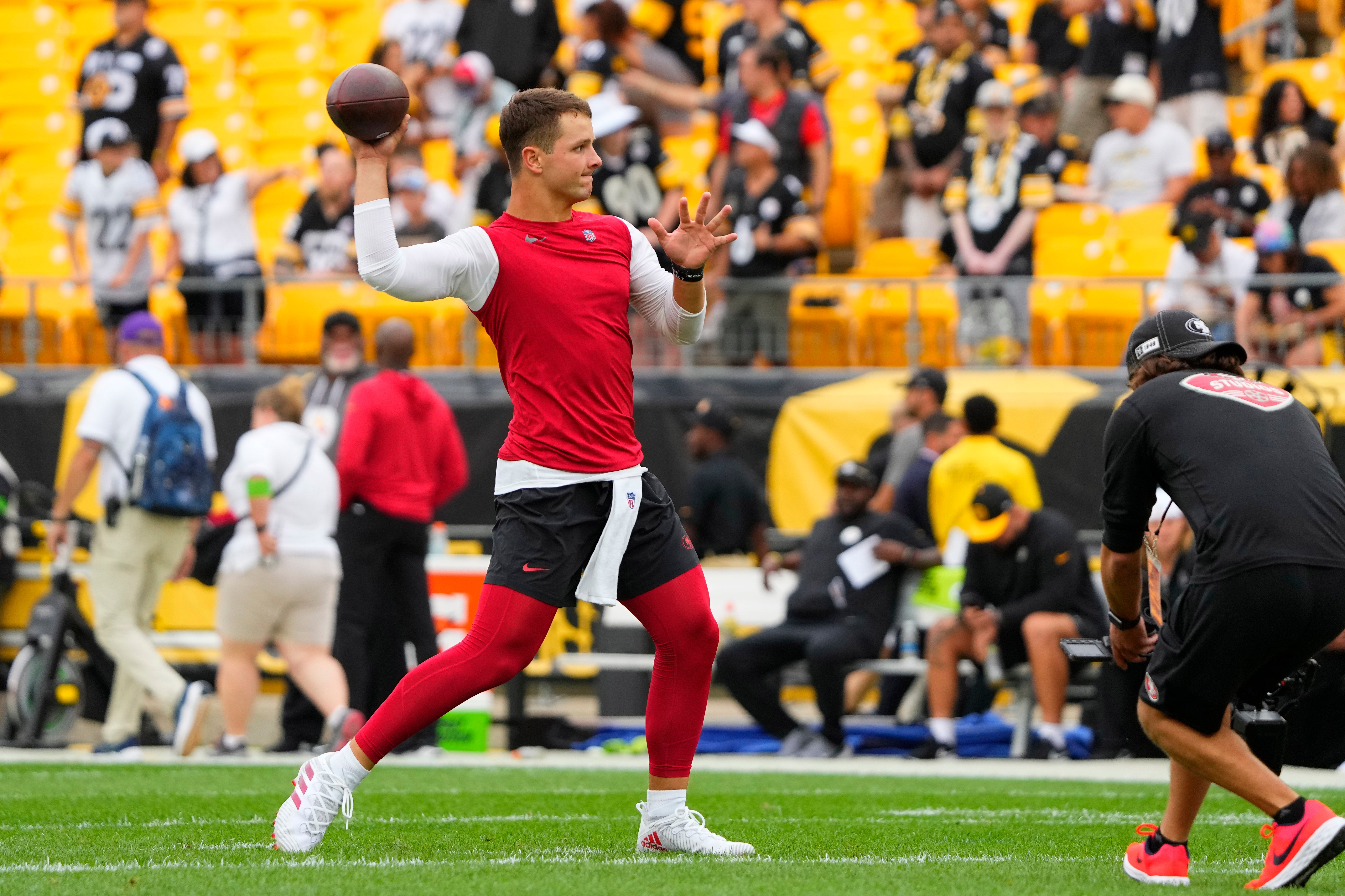 Sep 10, 2023; Pittsburgh, Pennsylvania, USA; San Francisco 49ers quarterback Brock Purdy (13) warms up prior to the game against the Pittsburgh Steelers at Acrisure Stadium.