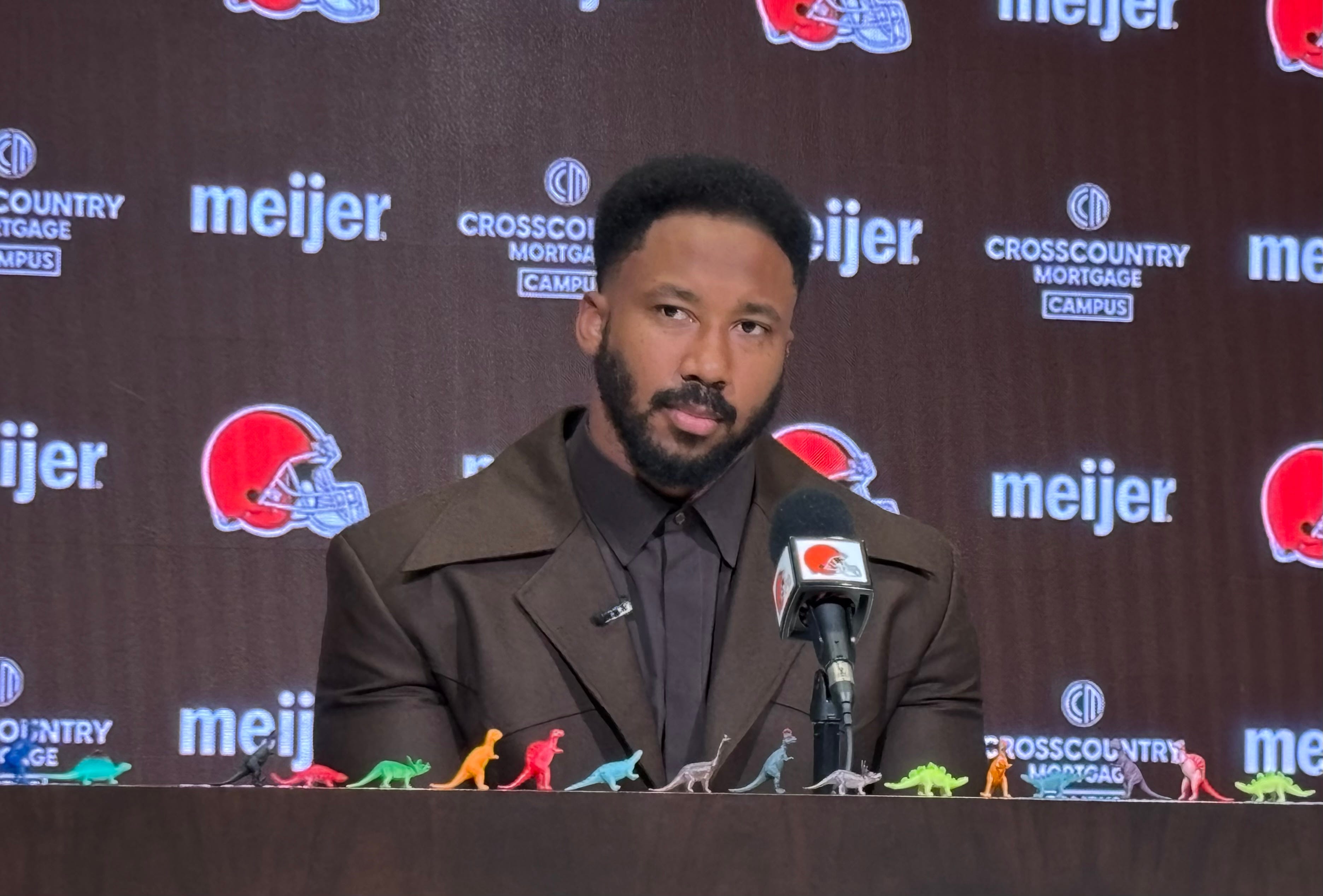 Cleveland Browns defensive end Myles Garrett spoke Friday, March 14, 2025, at team headquarters in Berea, Ohio, about signing a historic contract extension. Garrett loves dinosaurs, so his media avail... Nate Ulrich-USA TODAY NETWORK via Imagn Images
