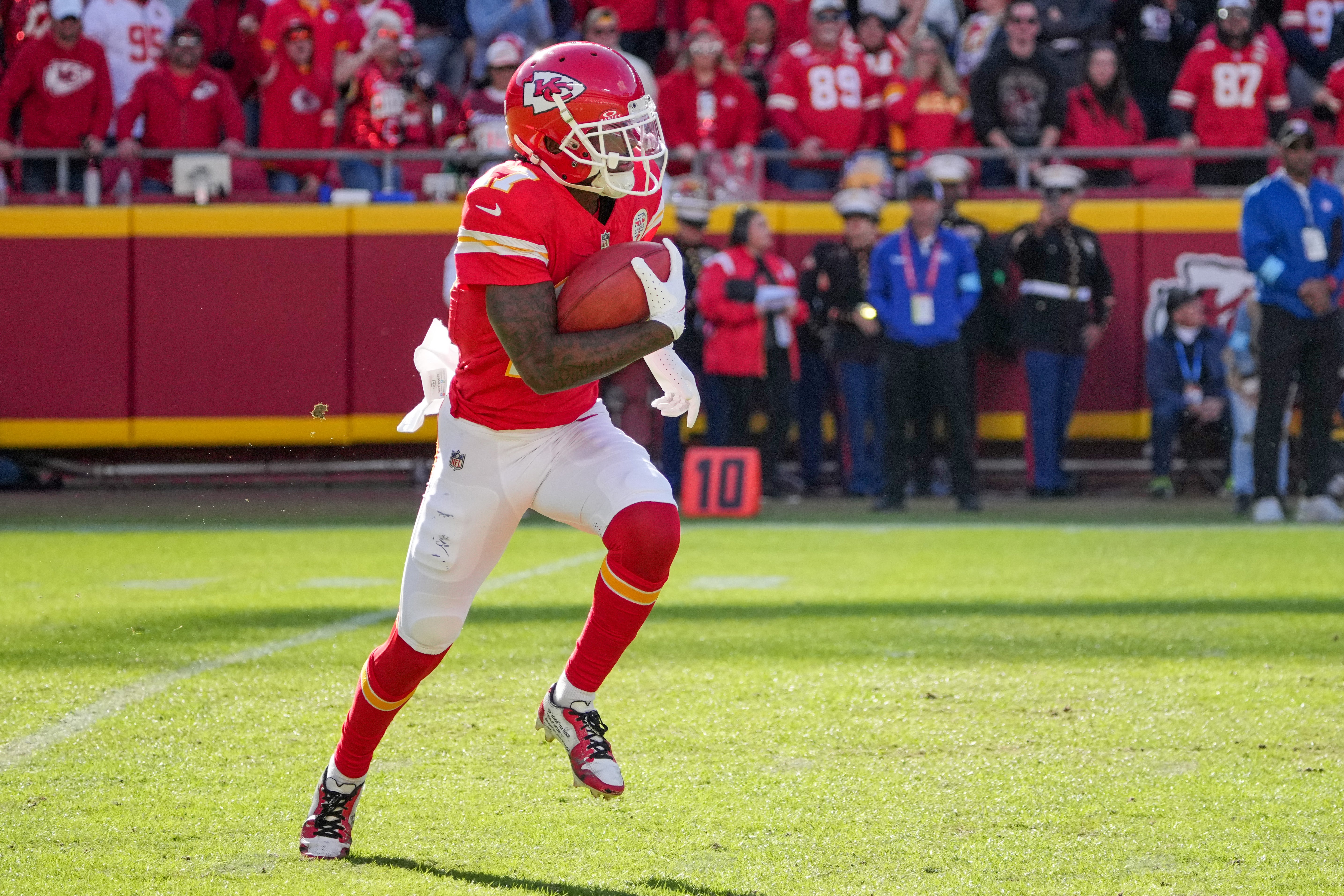 Nov 10, 2024; Kansas City, Missouri, USA; Kansas City Chiefs wide receiver Mecole Hardman (17) returns a kick against the Denver Broncos during the game at GEHA Field at Arrowhead Stadium.