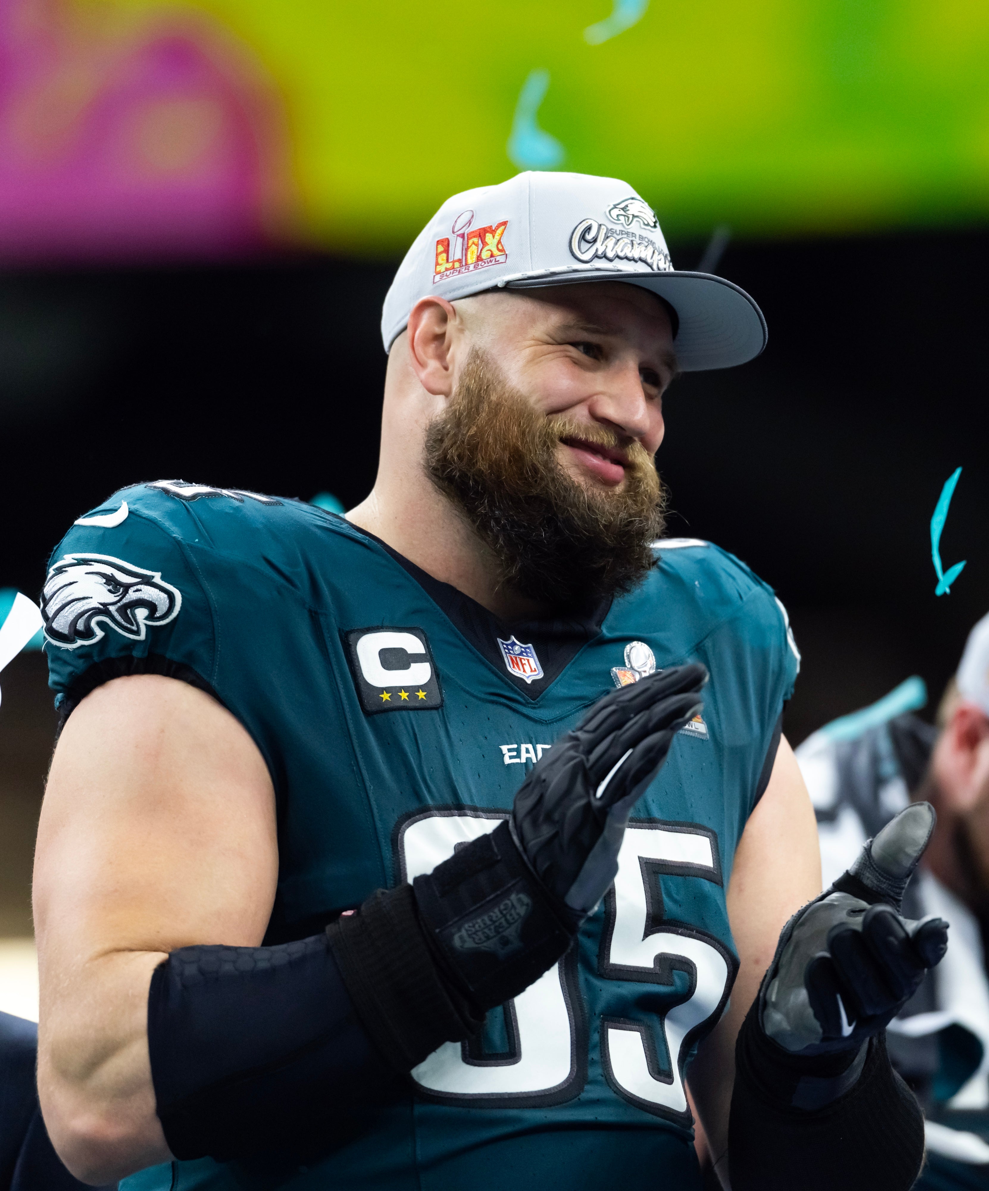 Feb 9, 2025; New Orleans, LA, USA; Philadelphia Eagles offensive tackle Lane Johnson (65) celebrates after defeating the Kansas City Chiefs during Super Bowl LIX at Ceasars Superdome.
