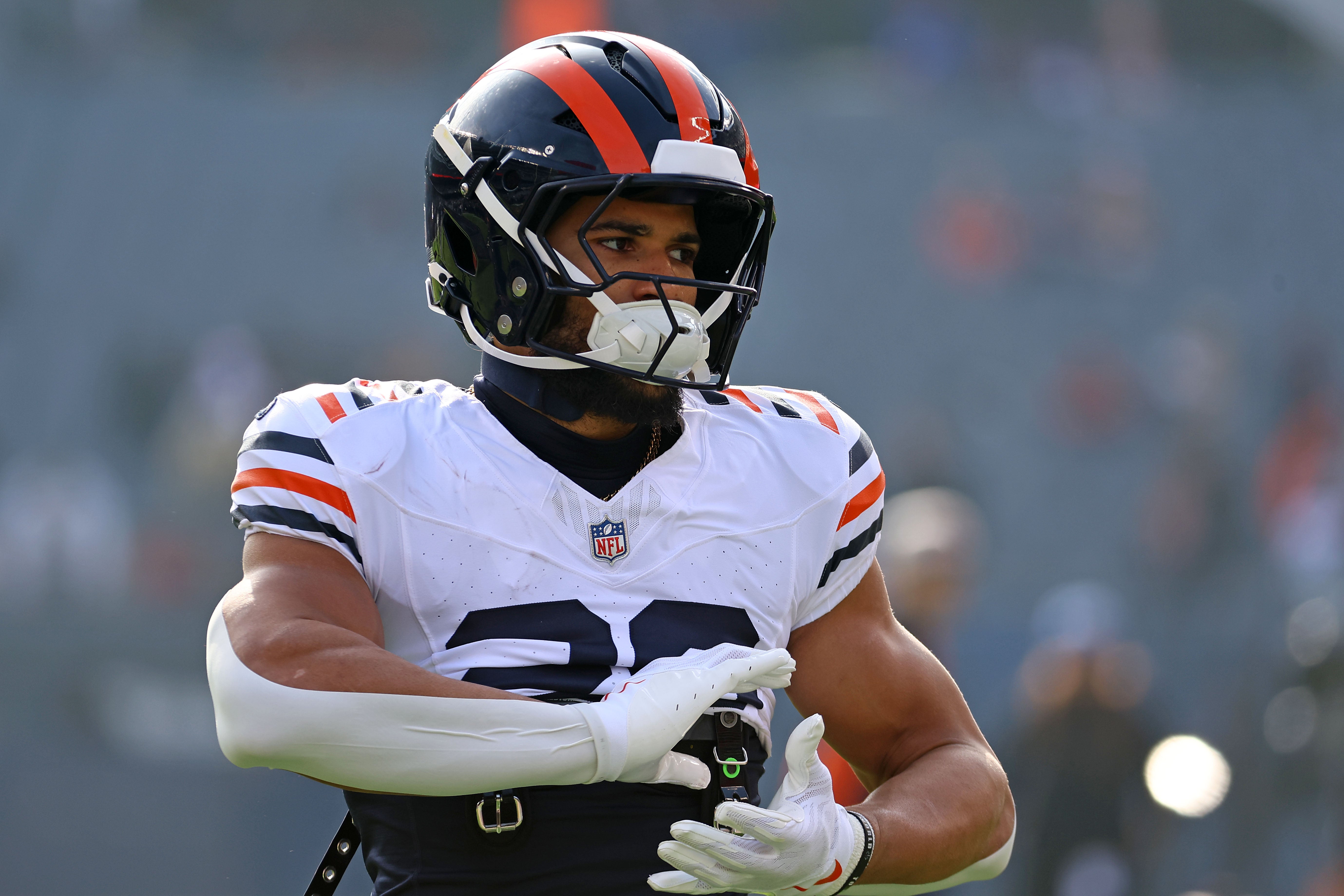 Nov 24, 2024; Chicago, Illinois, USA; Chicago Bears running back Travis Homer (20) practices before the game against the Minnesota Vikings at Soldier Field.