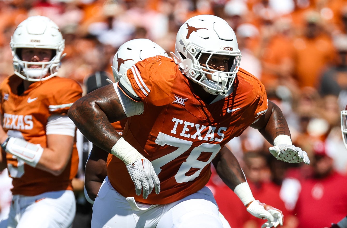 Oct 7, 2023; Dallas, Texas, USA; Texas Longhorns offensive lineman Kelvin Banks Jr. (78) blocks during the game against the Oklahoma Sooners at the Cotton Bowl.
