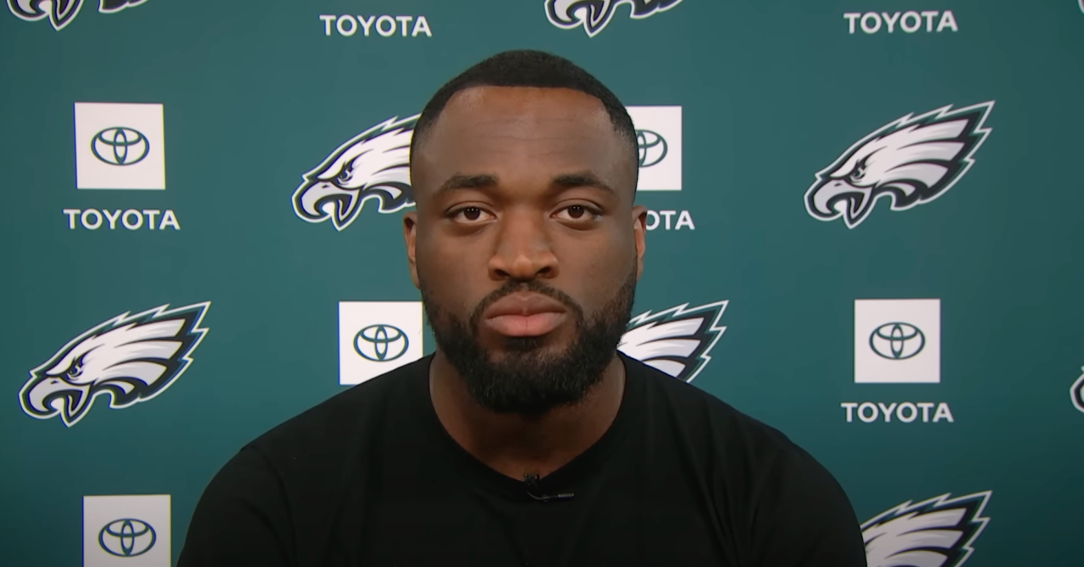 Philadelphia Eagles edge Josh Uche speaks to media on March 17.
