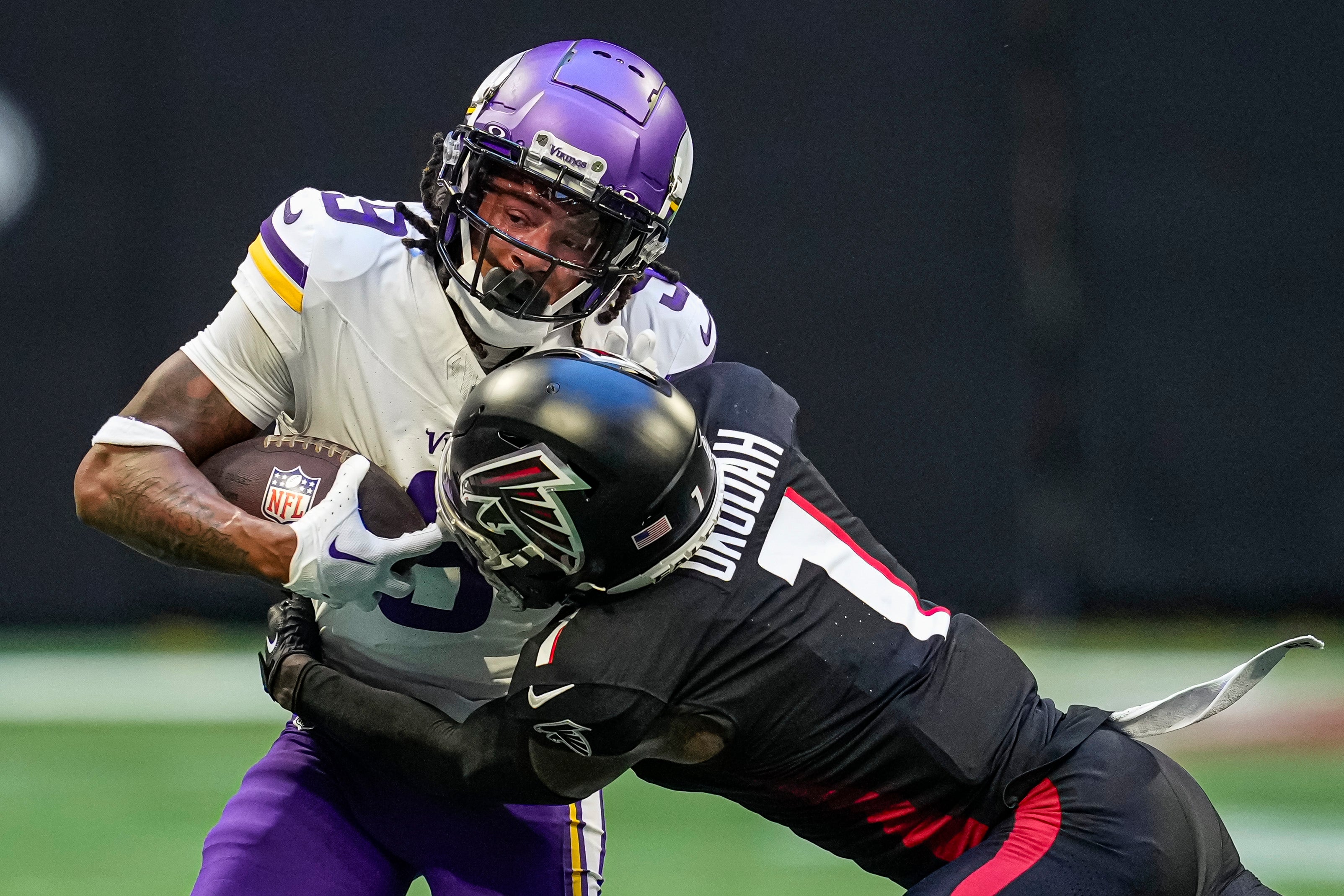 Nov 5, 2023; Atlanta, Georgia, USA; Minnesota Vikings wide receiver Trishton Jackson (9) runs against Atlanta Falcons cornerback Jeff Okudah (1) during the second half at Mercedes-Benz Stadium.