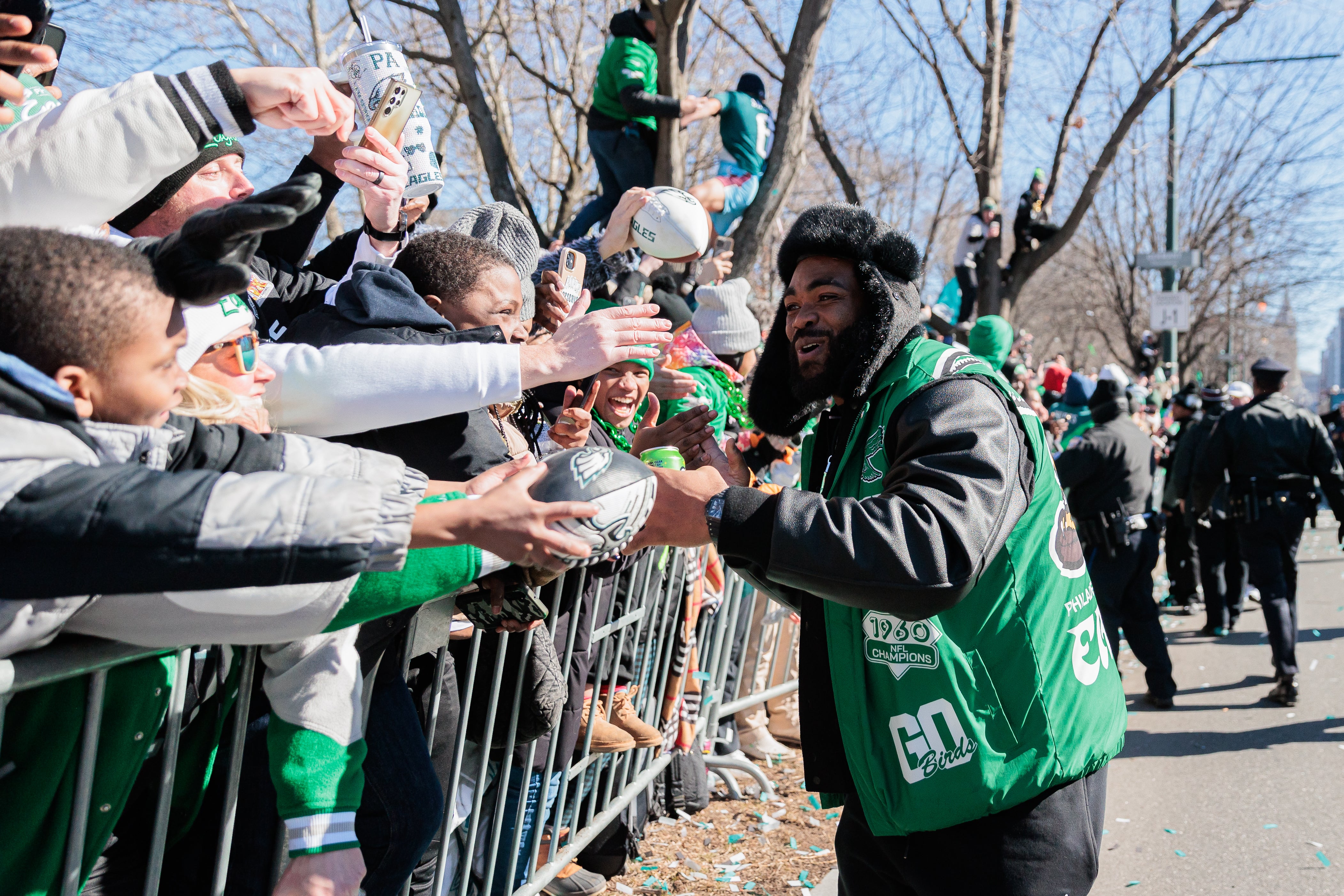 Feb 14, 2025; Philadelphia, PA, USA; Philadelphia Eagles defensive end Brandon Graham (55) celebrates during the Super Bowl LIX championship parade and rally.