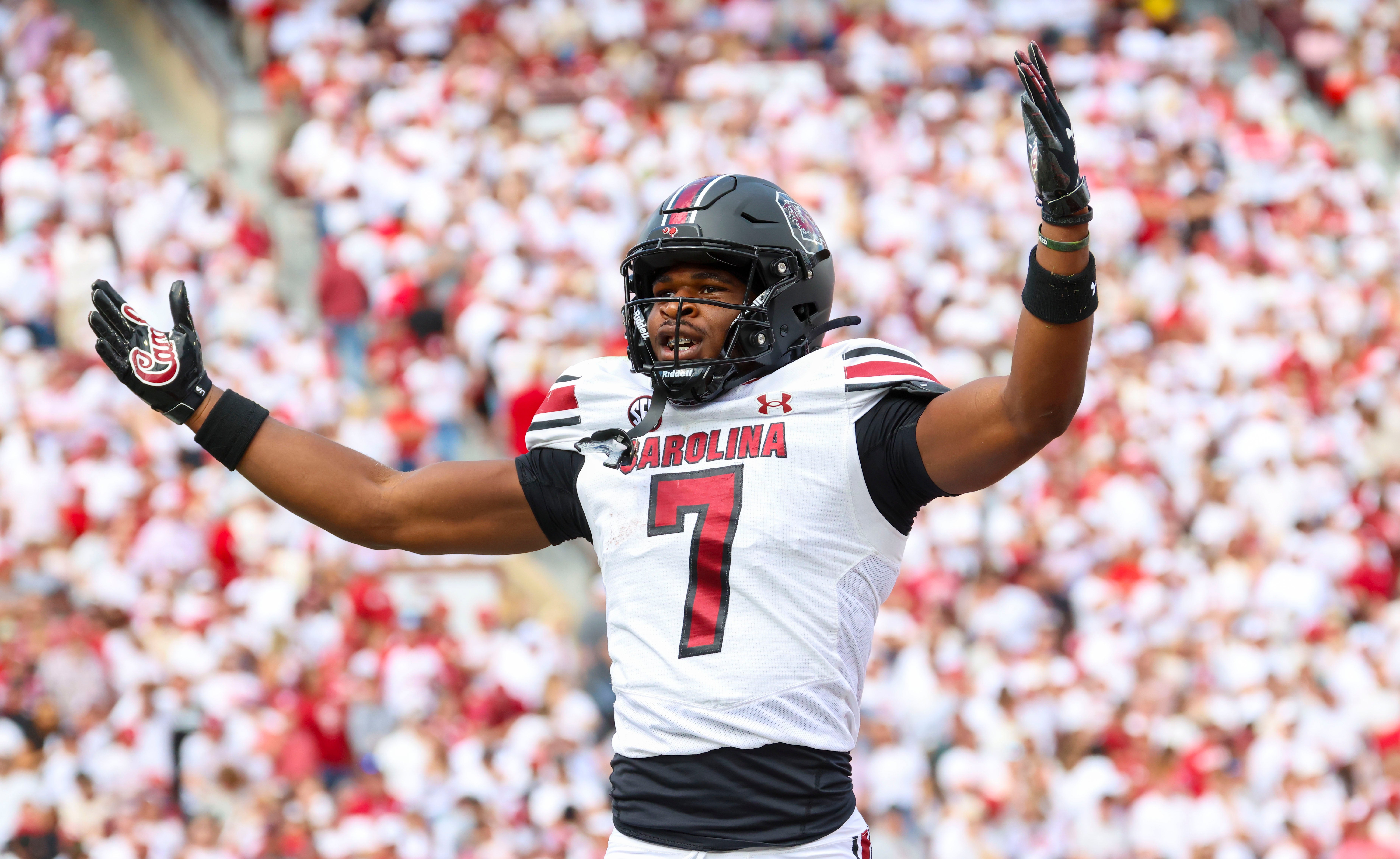 Oct 19, 2024; Norman, Oklahoma, USA; South Carolina Gamecocks defensive back Nick Emmanwori (7) reacts after returning an interception for a touchdown during the first half against the Oklahoma Sooners at Gaylord Family-Oklahoma Memorial Stadium