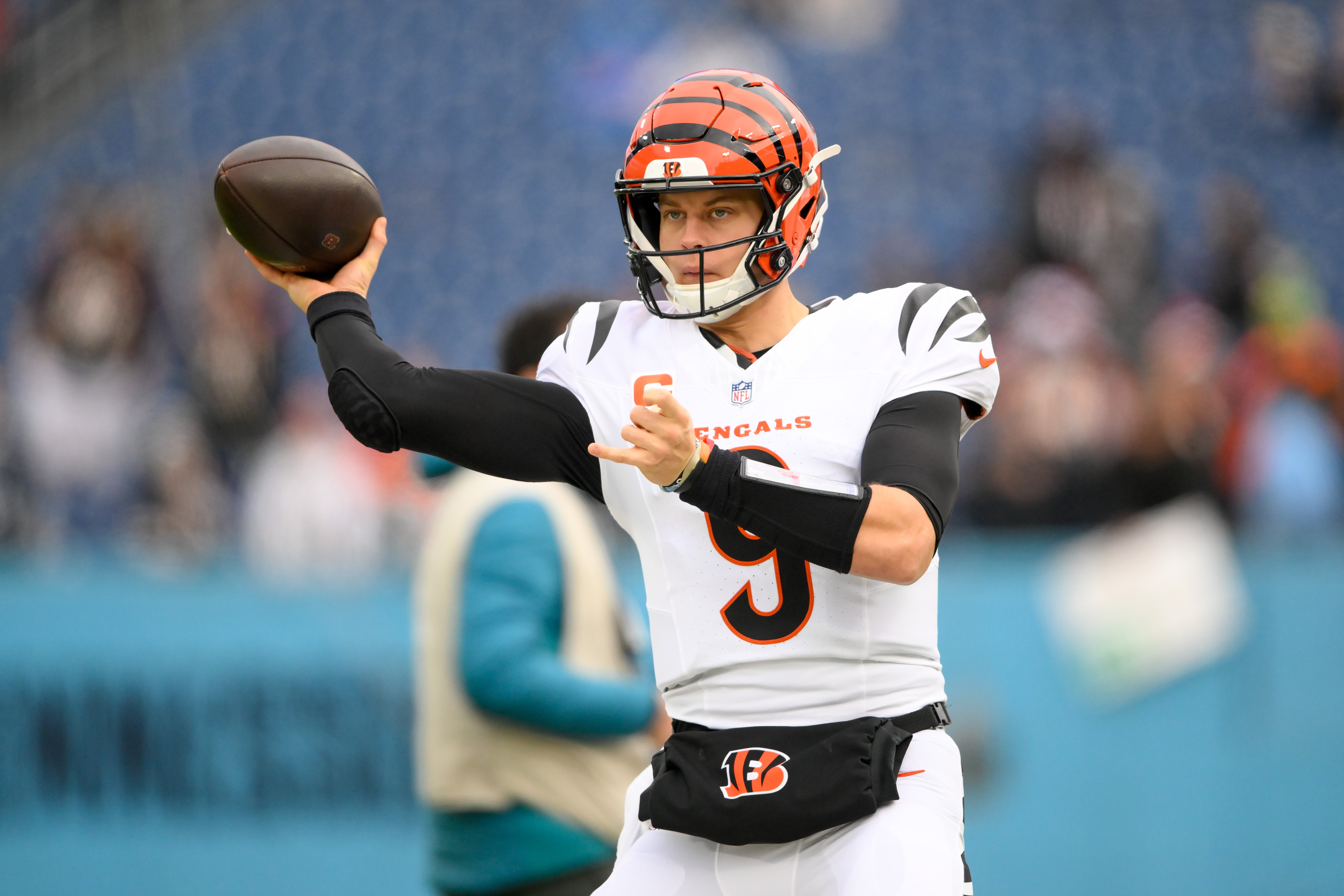 Dec 15, 2024; Nashville, Tennessee, USA; Cincinnati Bengals quarterback Joe Burrow (9) warms up before a game against the Tennessee Titans at Nissan Stadium.