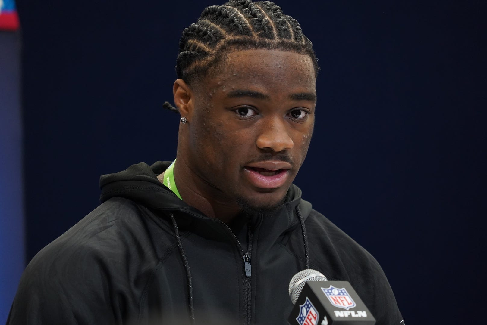 Alabama quarterback Jalen Milroe speaks to the media at the 2025 NFL combine.