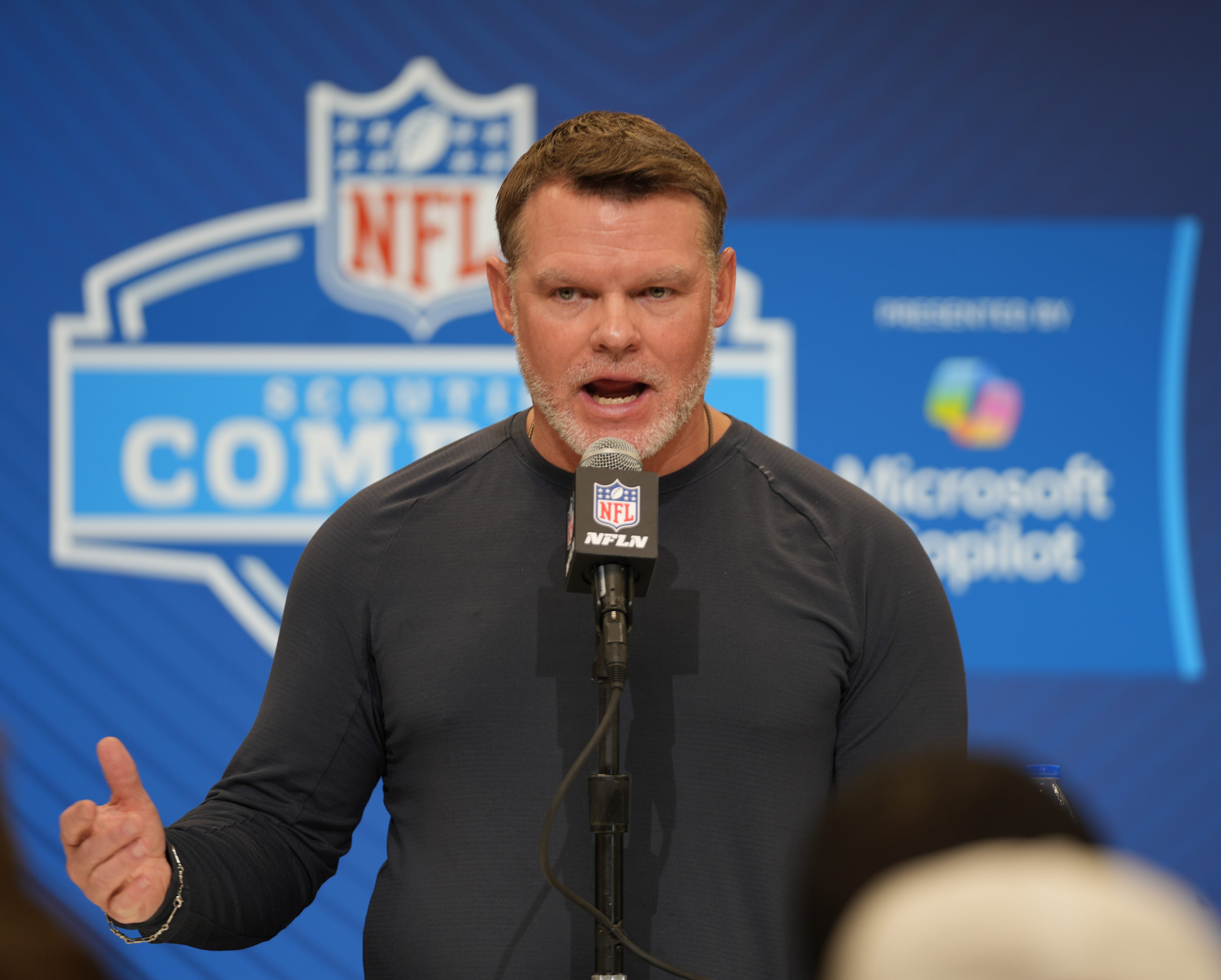 Indianapolis Colts general manager Chris Ballard speaks to the media during the 2025 NFL draft.