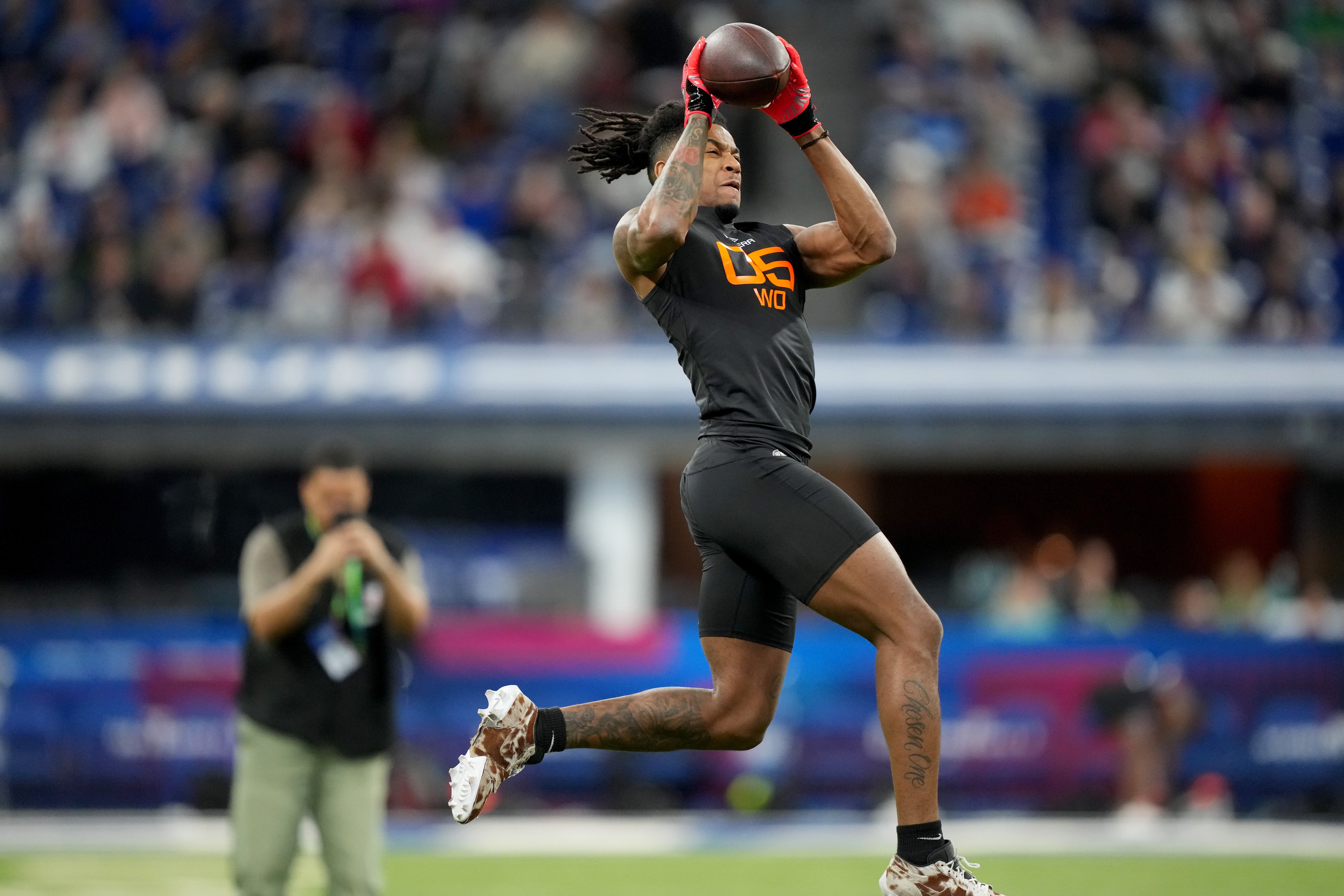 Mar 1, 2025; Indianapolis, IN, USA; Texas wideout Isaiah Bond (WO05) during the 2025 NFL Combine at Lucas Oil Stadium. Mandatory Credit: Kirby Lee-Imagn Images