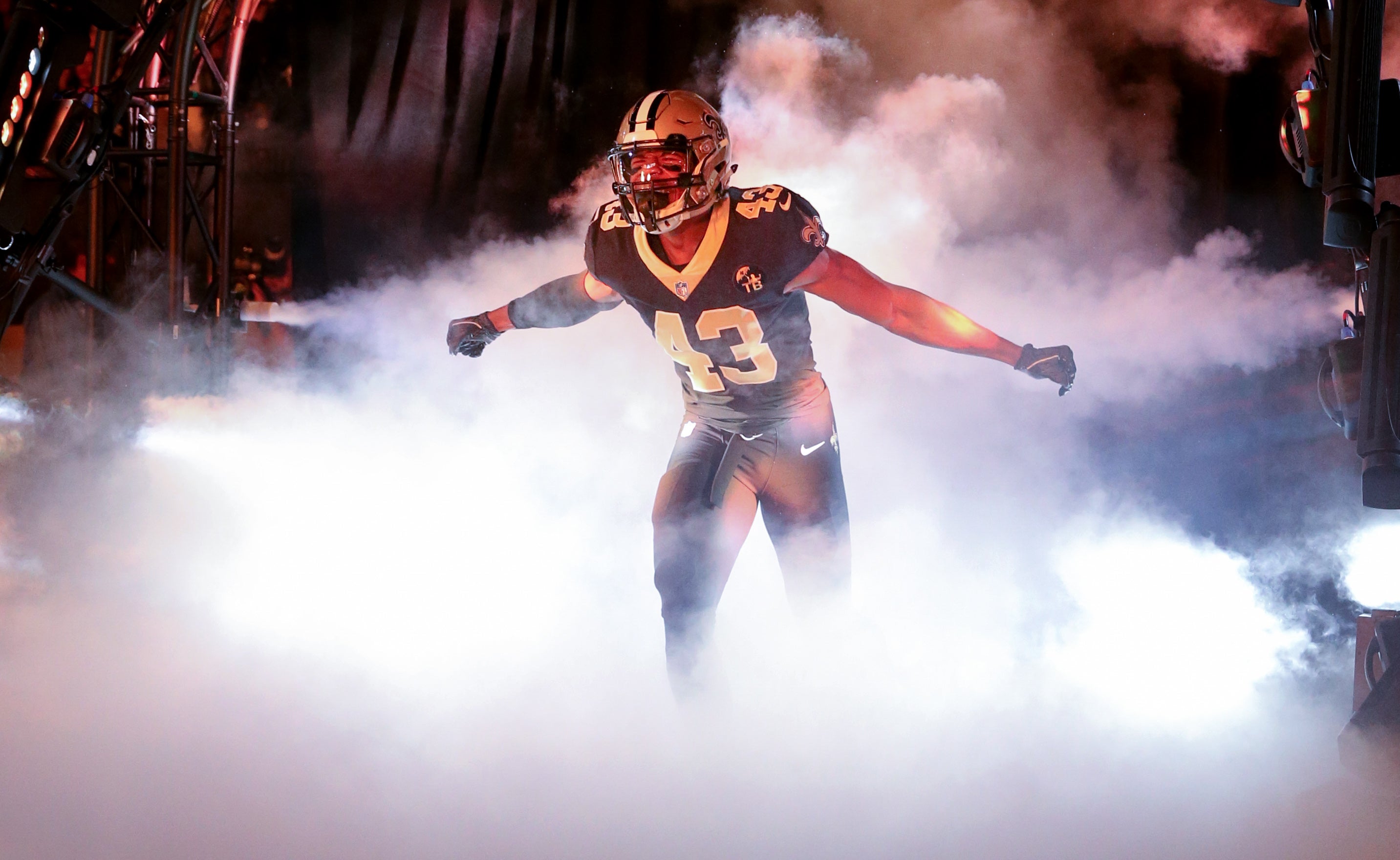 Nov 22, 2018; New Orleans, LA, USA; New Orleans Saints free safety Marcus Williams (43) runs out of the tunnel during pre-game player introductions before their game against the Atlanta Falcons at the Mercedes-Benz Superdome.