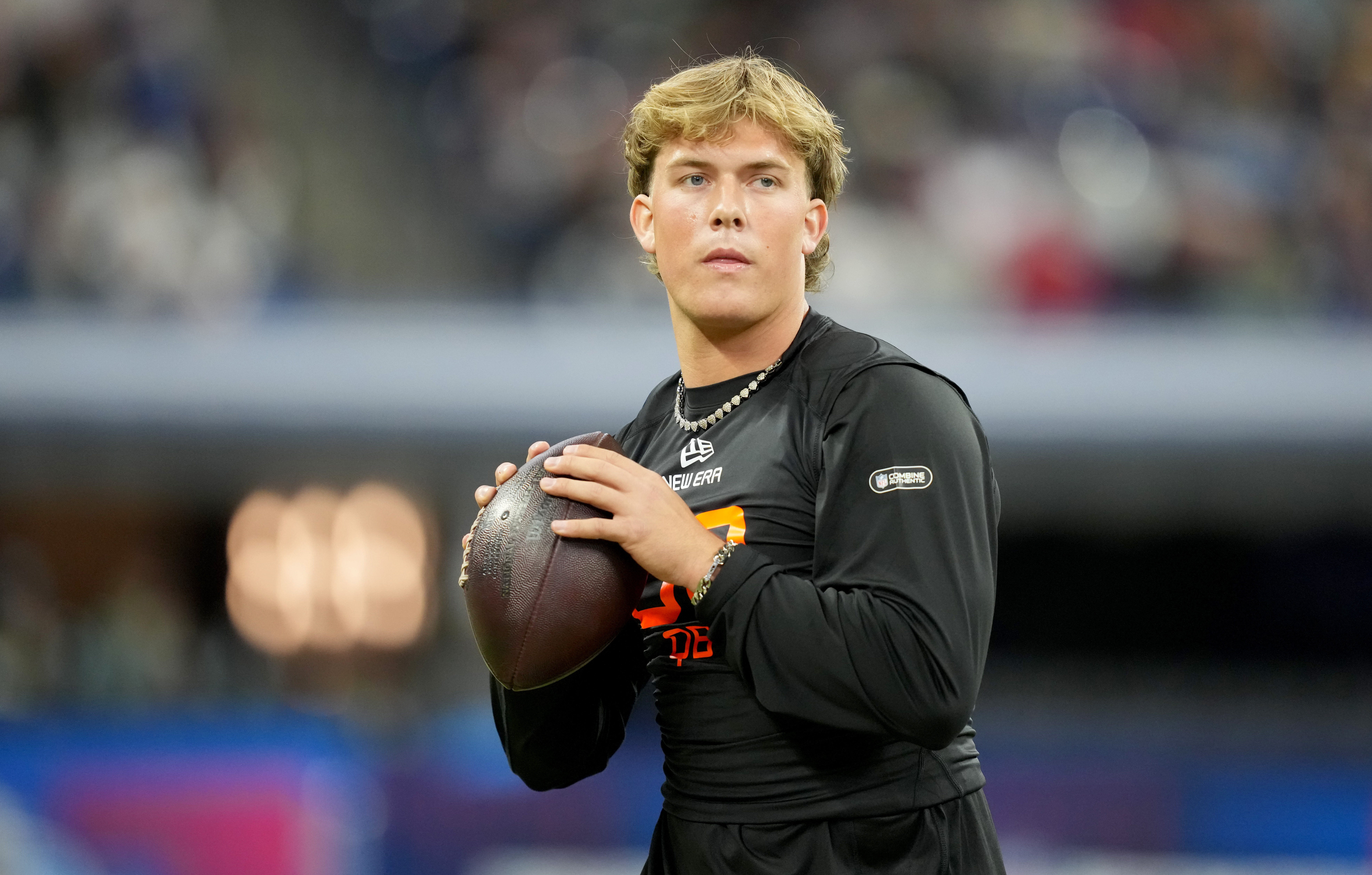 Mississippi quarterback Jaxson Dart (QB03) during the 2025 NFL Combine at Lucas Oil Stadium. Kirby Lee-Imagn Images