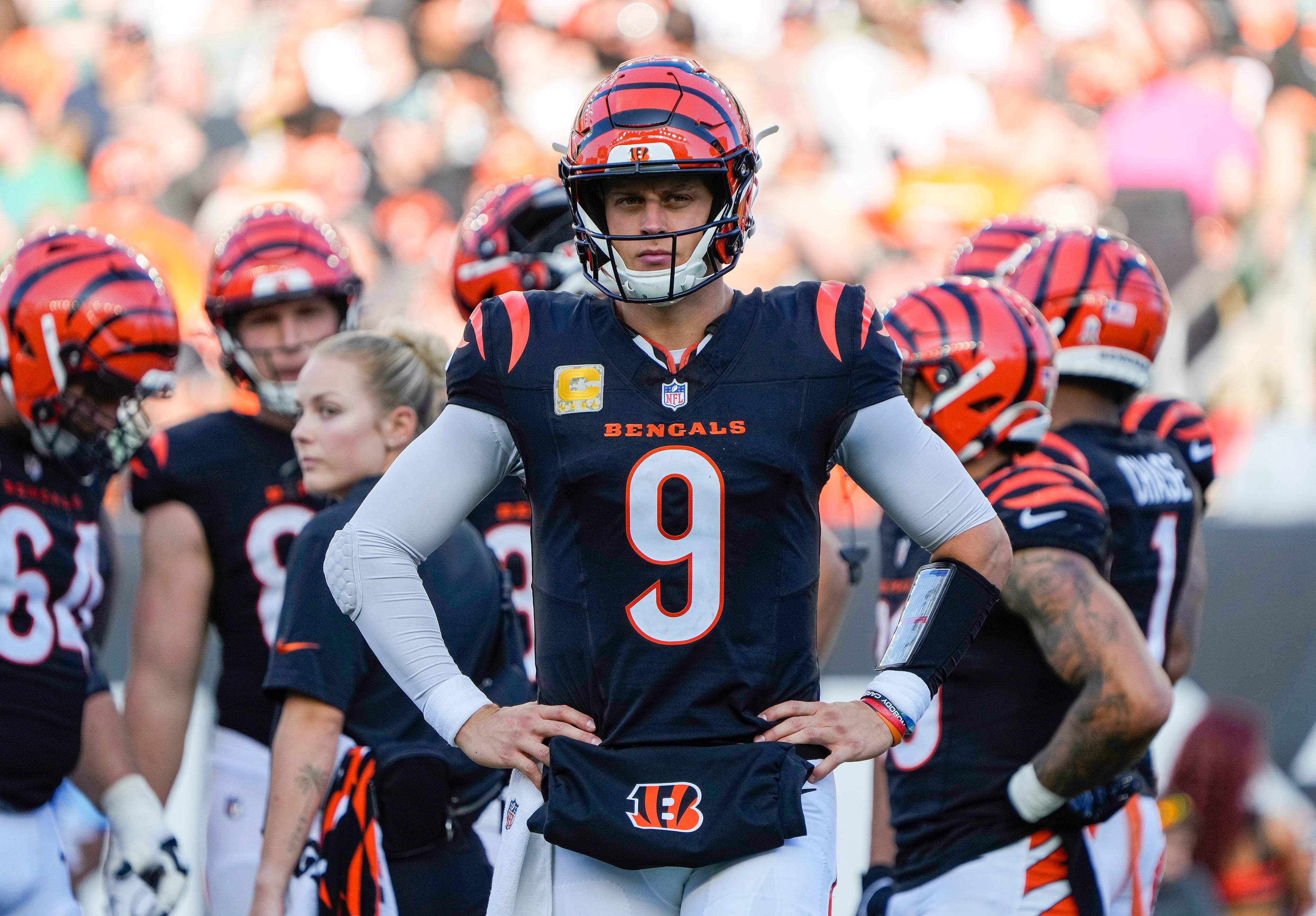 Cincinnati Bengals quarterback Joe Burrow (9) and his team won their first home game and beat the Las Vegas Raiders 41-24 at Paycor Stadium Sunday, November 3, 2024.