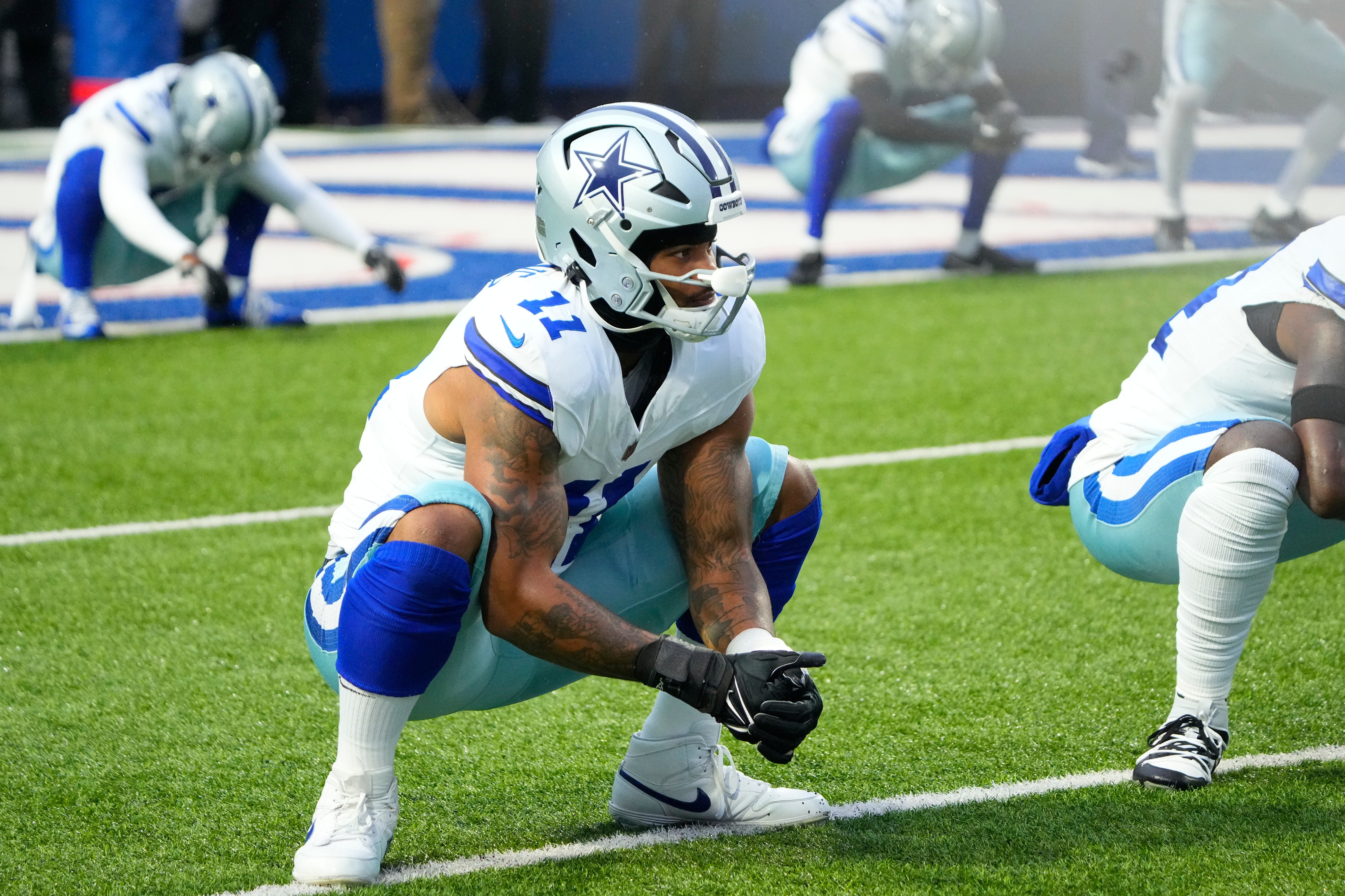 Dallas Cowboys linebacker Micah Parsons (11) warms-up before the game against the Buffalo Bills at Highmark Stadium.