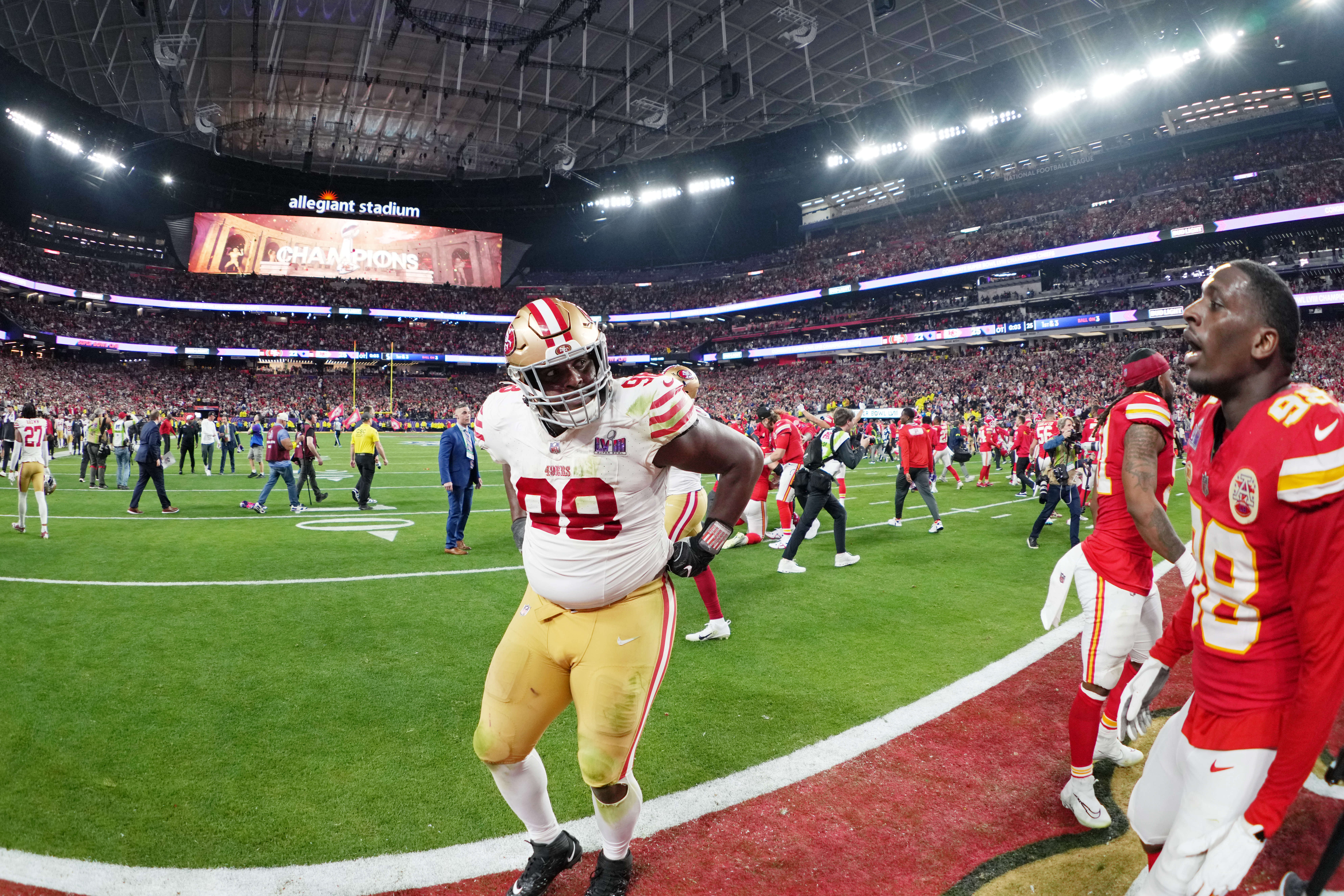 Feb 11, 2024; Paradise, Nevada, USA; San Francisco 49ers defensive tackle Javon Hargrave (98) reacts after losing Super Bowl LVIII against the Kansas City Chiefs at Allegiant Stadium.