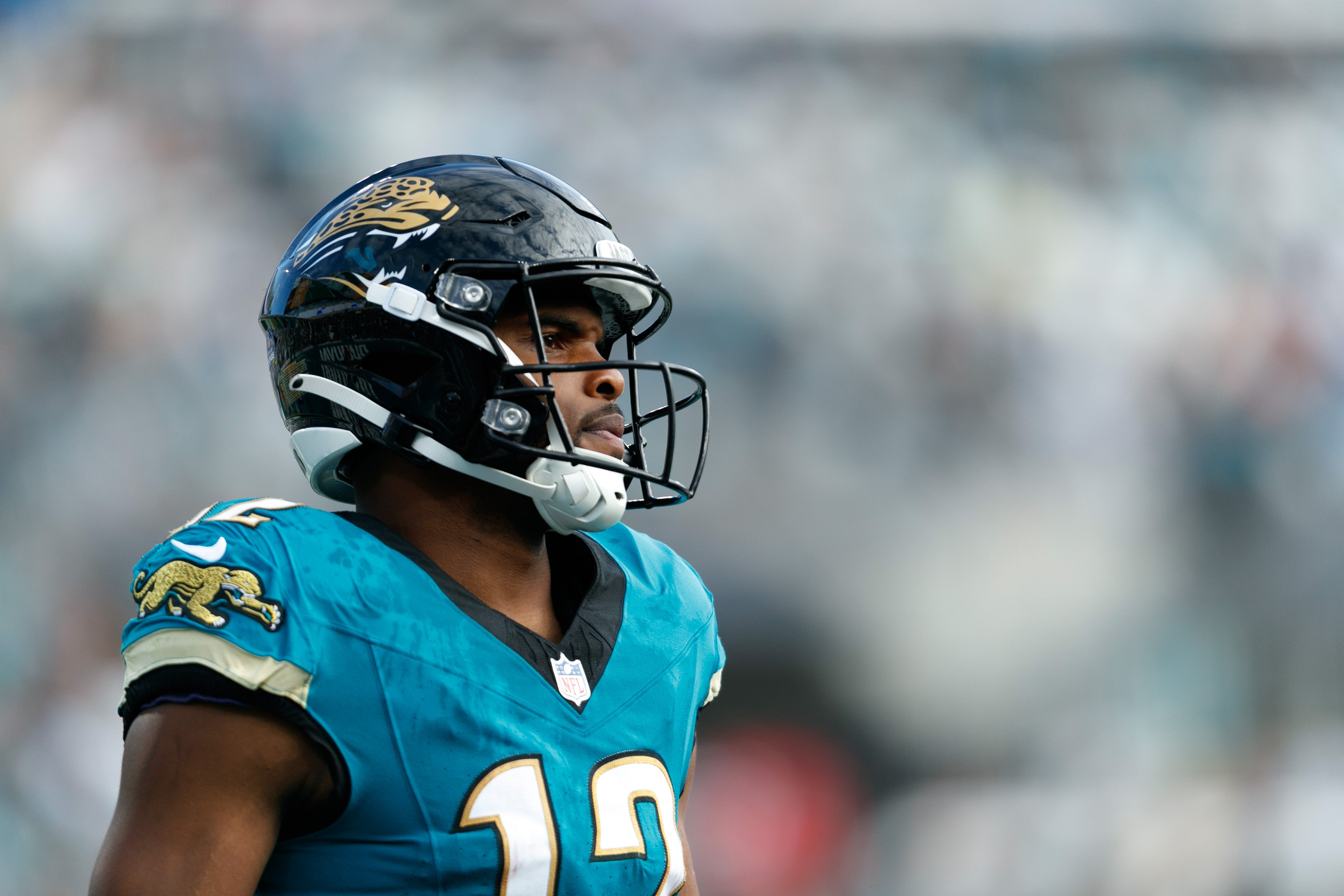 Dec 15, 2024; Jacksonville, Florida, USA; Jacksonville Jaguars wide receiver Devin Duvernay (12) against the New York Jets during the third quarter at EverBank Stadium.