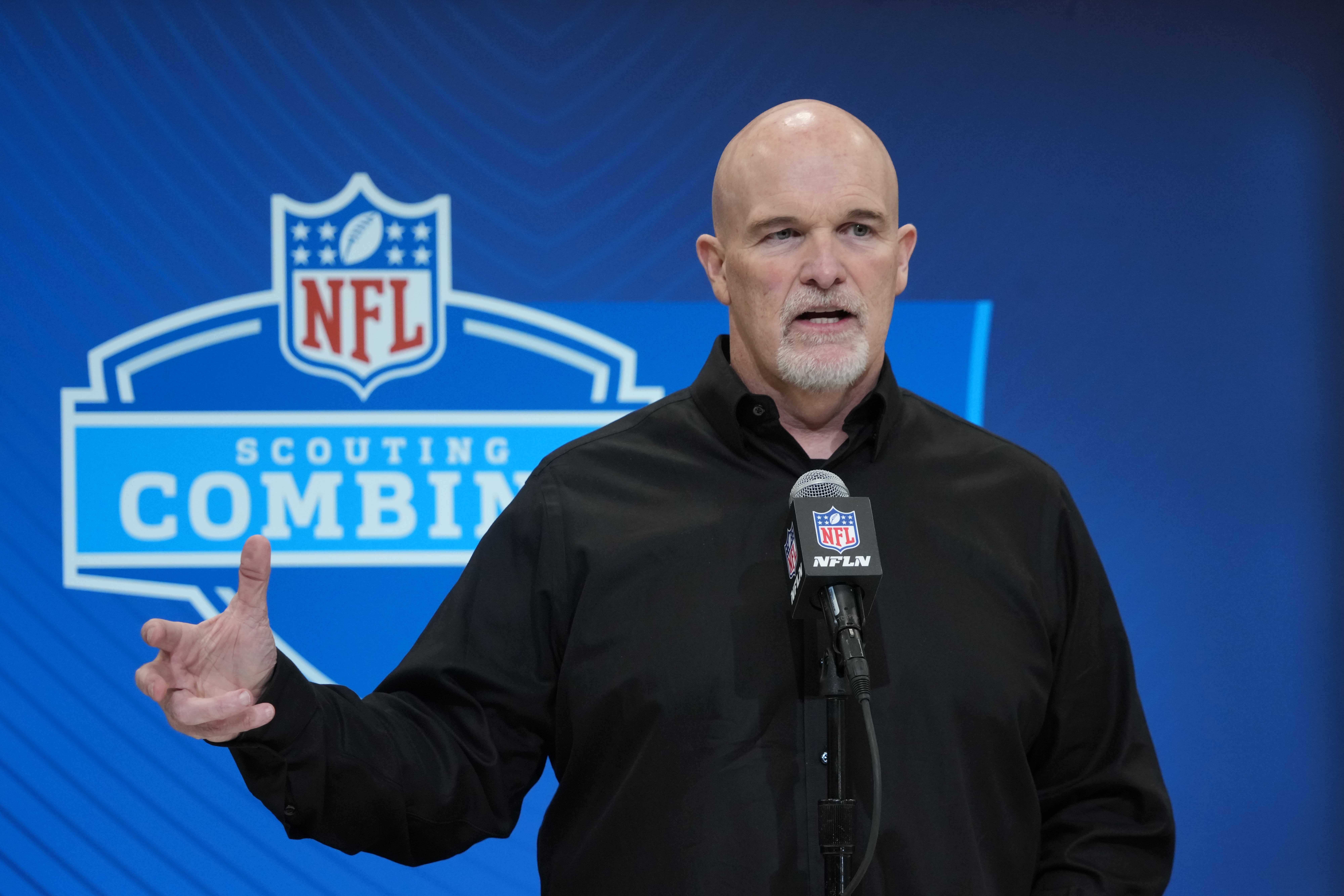 Feb 27, 2025; Indianapolis, IN, USA; Washington Commanders coach Dan Quinn speaks during the 2025 NFL Scouting Combine at the Indiana Convention Center.