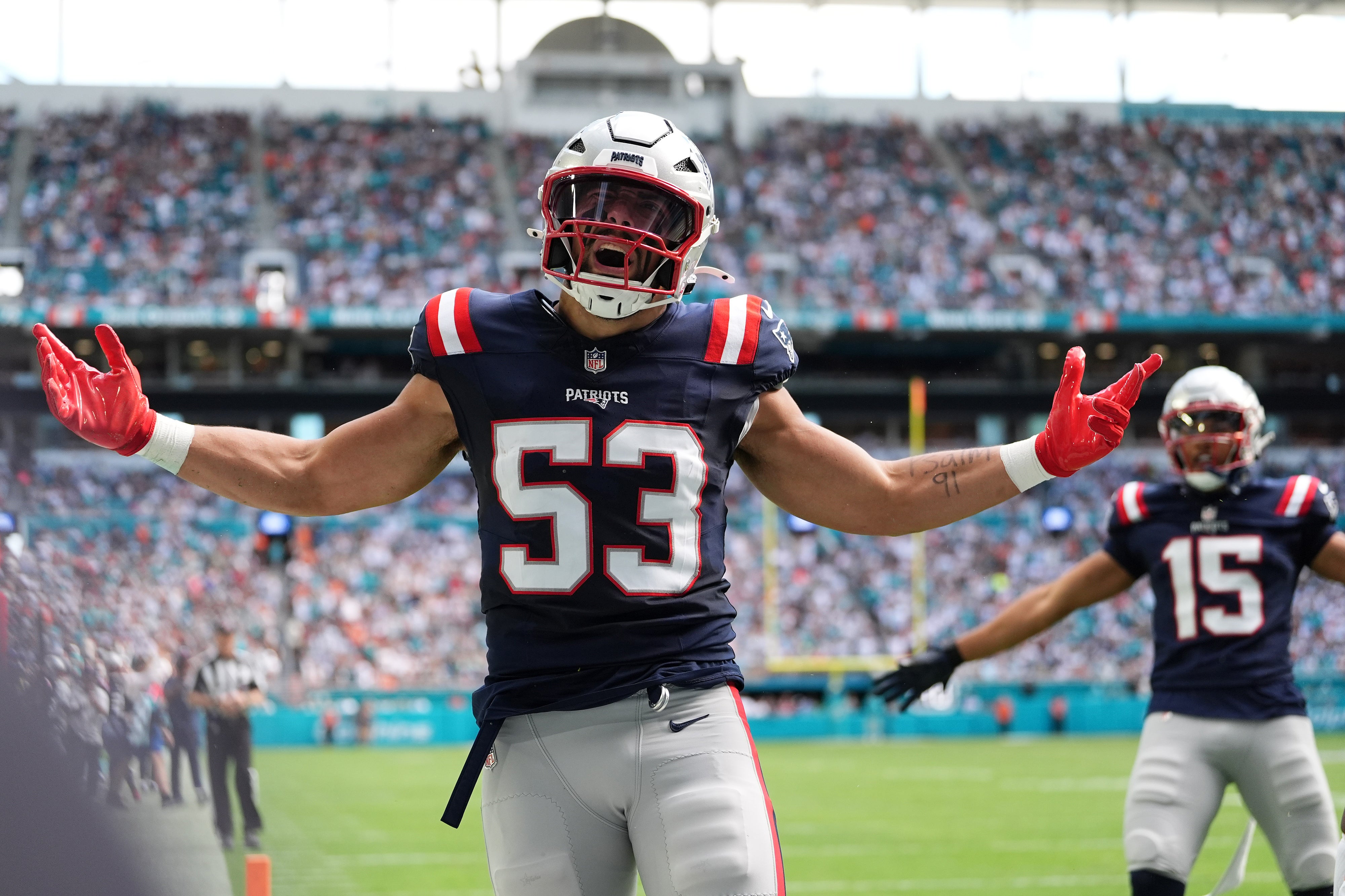 Nov 24, 2024; Miami Gardens, Florida, USA; New England Patriots linebacker Christian Elliss (53) reacts after breaking up a pass for Miami Dolphins running back De'Von Achane (not pictured) during the first half at Hard Rock Stadium.