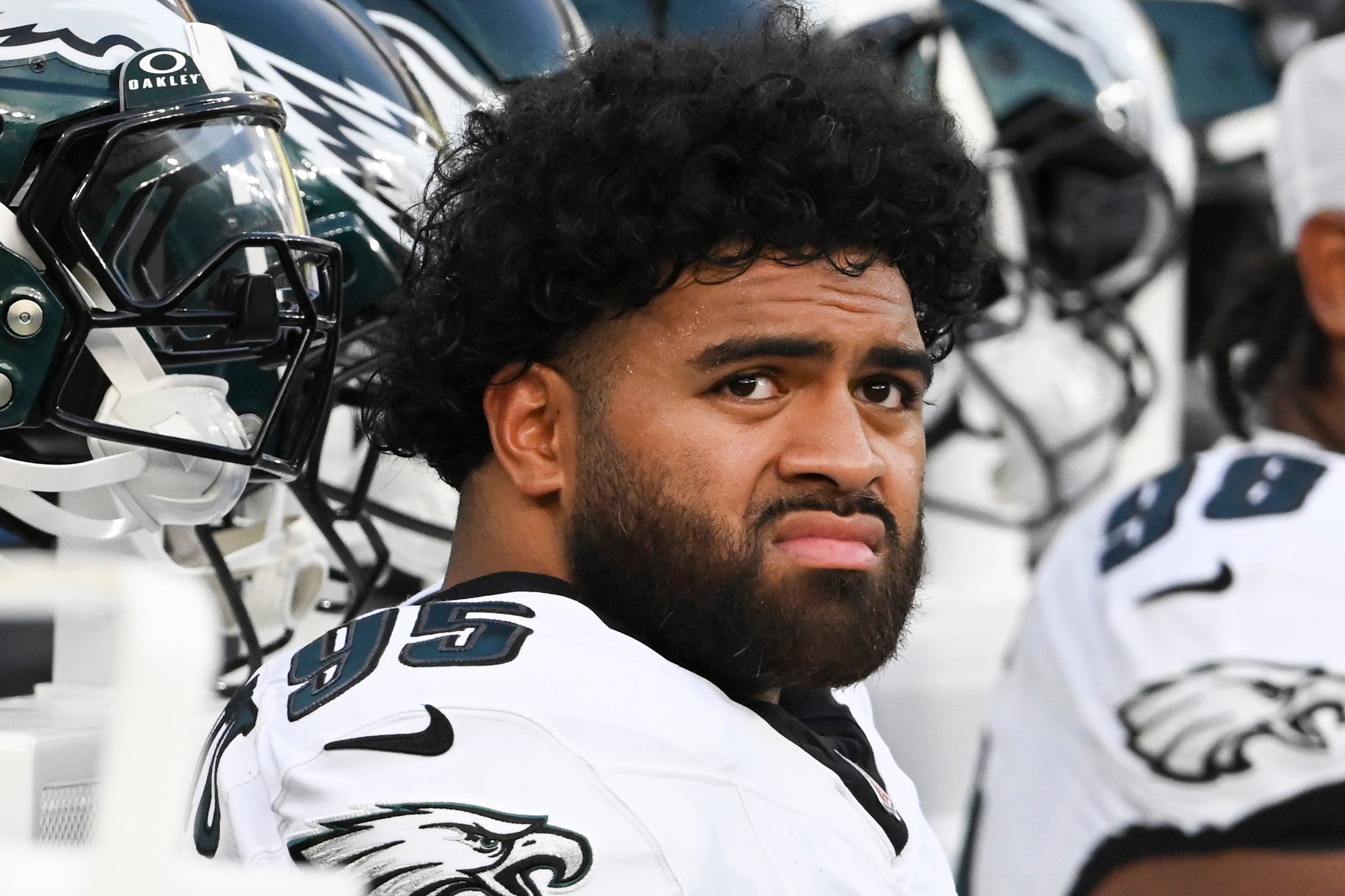 Aug 9, 2024; Baltimore, Maryland, USA; Philadelphia Eagles defensive tackle Marlon Tuipulotu (95) stands on the sidelines during the first half of a preseason game against the Baltimore Ravens at M&T Bank Stadium.