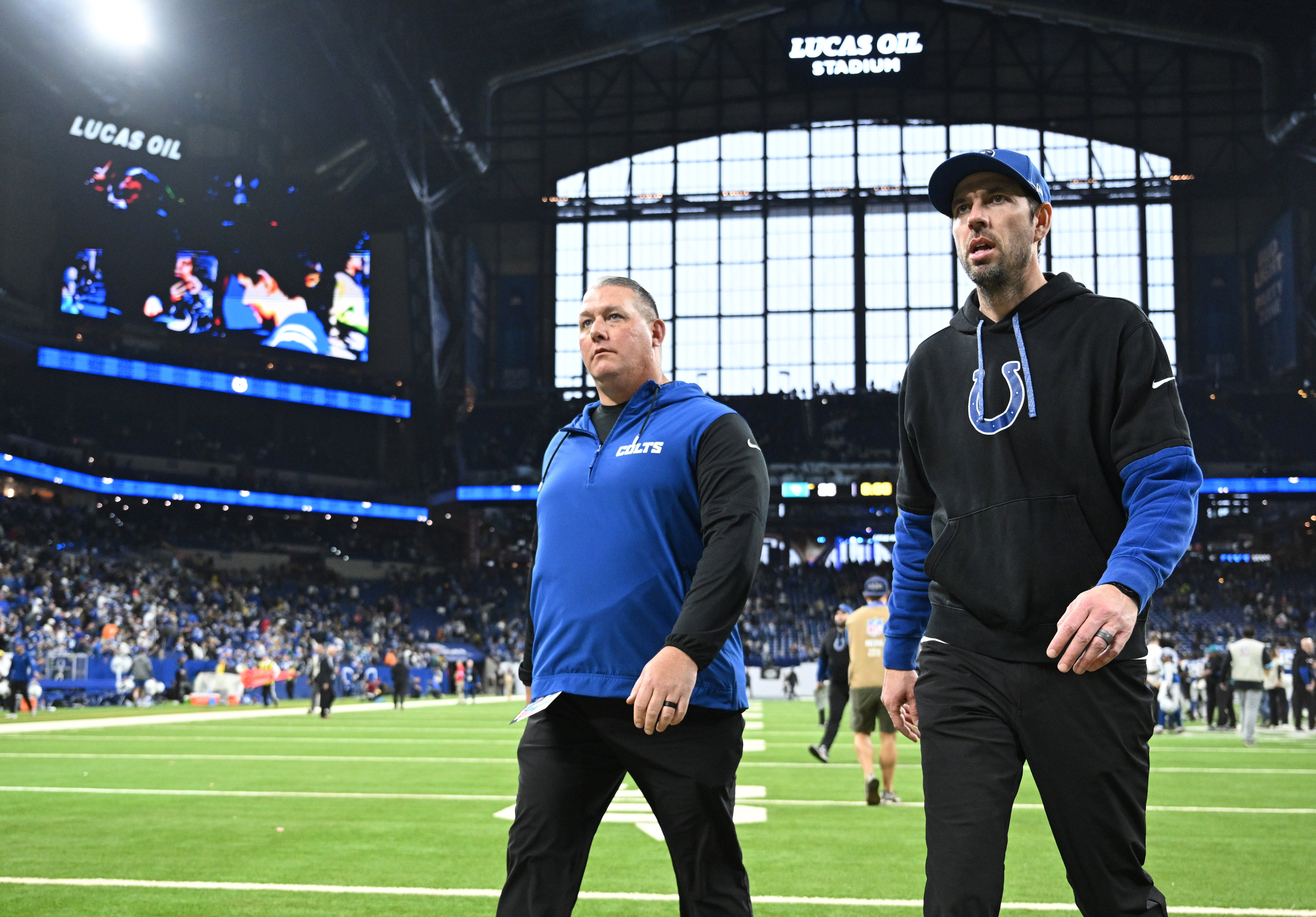 Jan 5, 2025; Indianapolis, Indiana, USA; Indianapolis Colts head coach Shane Steichen walks off the field after the game against the Jacksonville Jaguars at Lucas Oil Stadium.