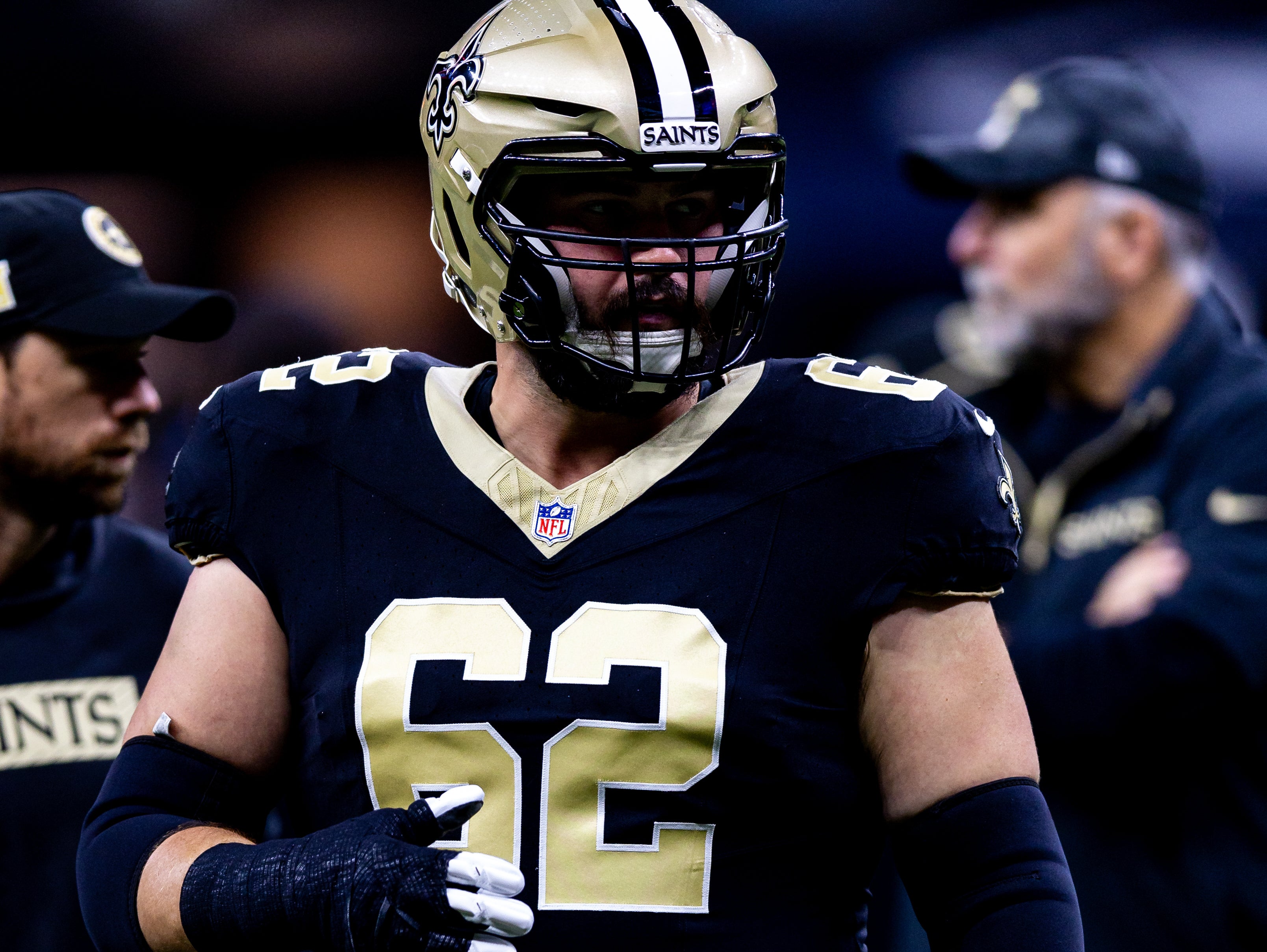 Sep 8, 2024; New Orleans, Louisiana, USA; New Orleans Saints guard Lucas Patrick (62) against the Carolina Panthersduring the pregame at Caesars Superdome.