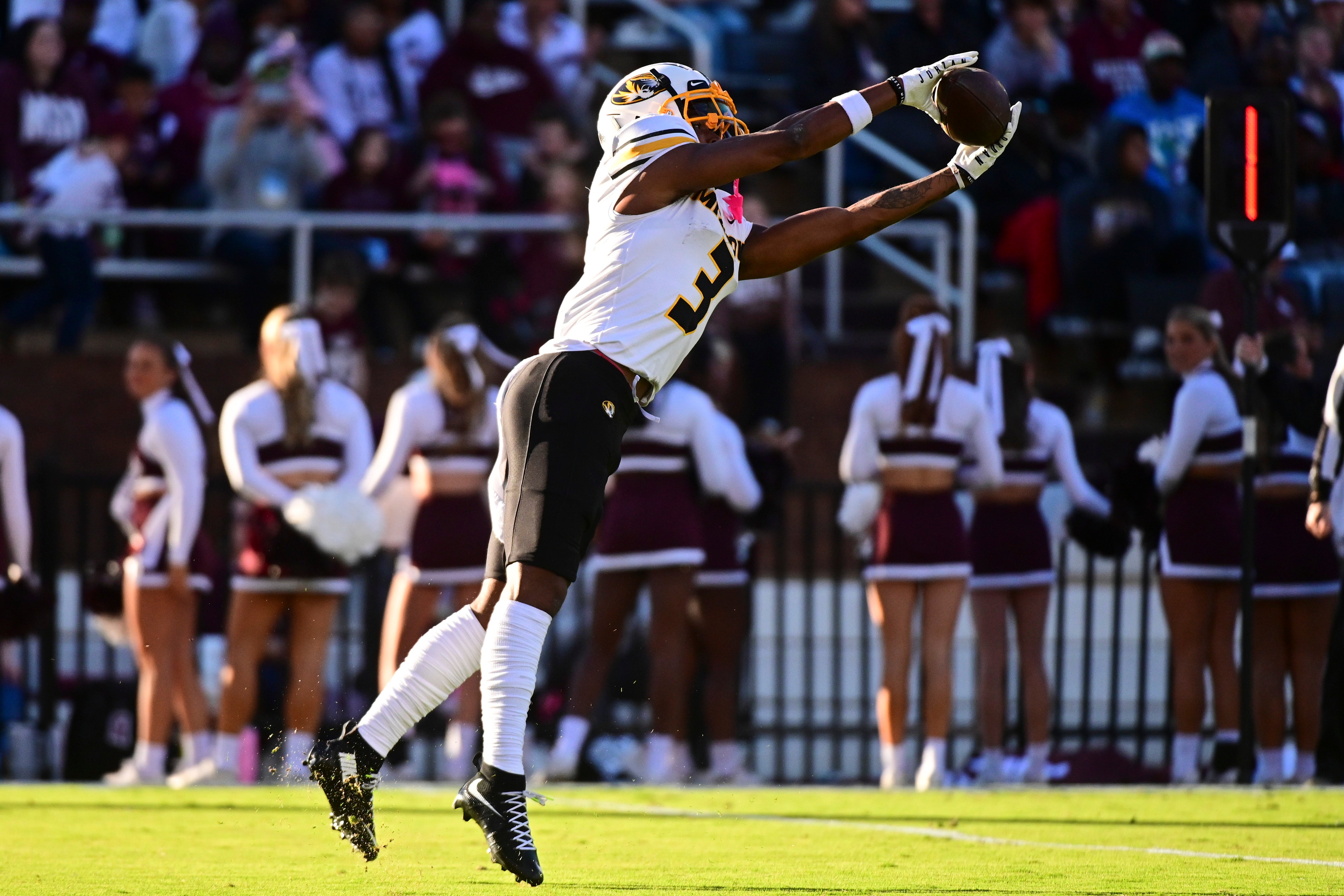 Missouri Tigers wide receiver Luther Burden III (3) attempts to make a reception against the Mississippi State Bulldogs during the first quarter at Davis Wade Stadium at Scott Field.