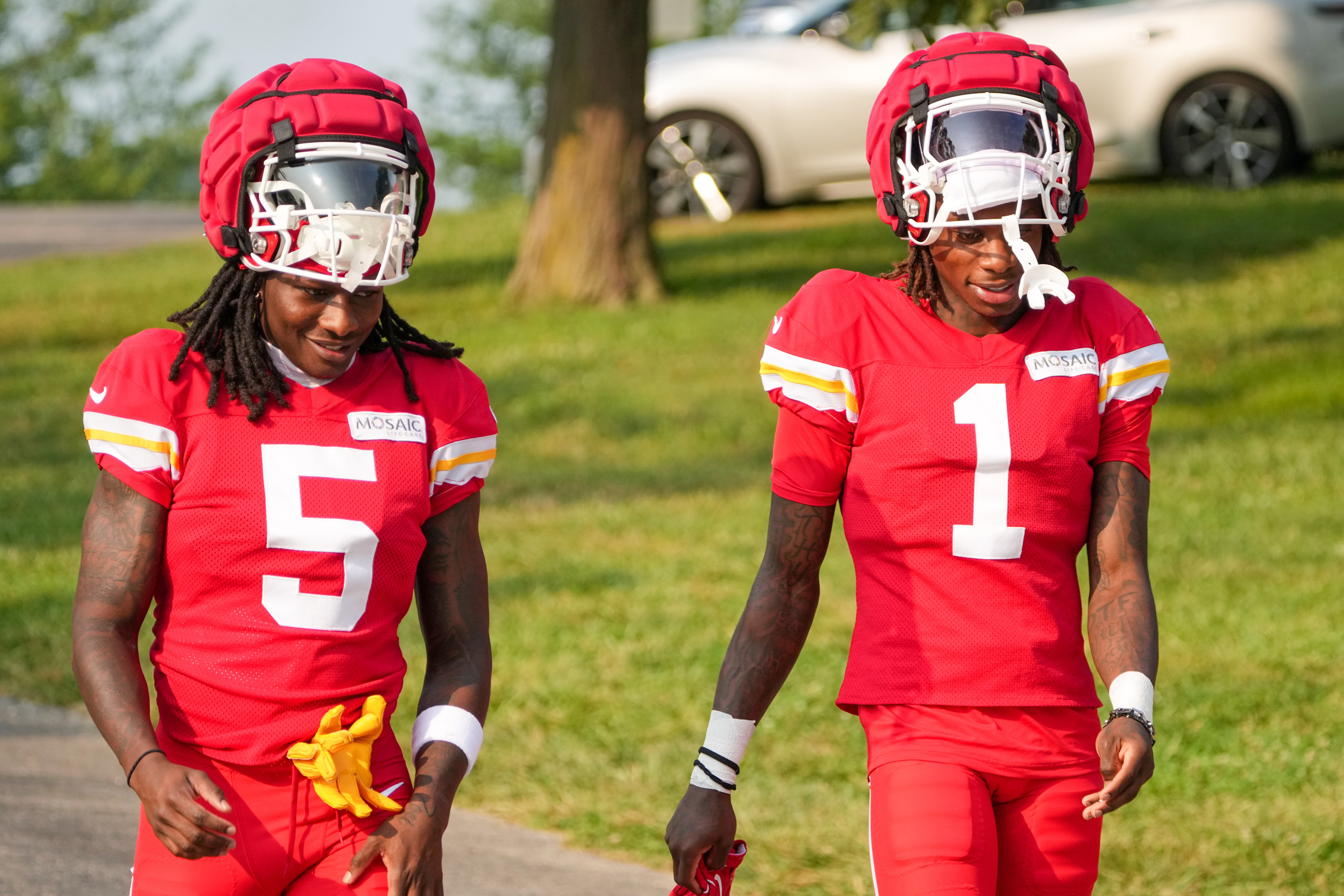 Chiefs wide receivers Marquise “Hollywood” Brown (5) and Xavier Worthy (1)