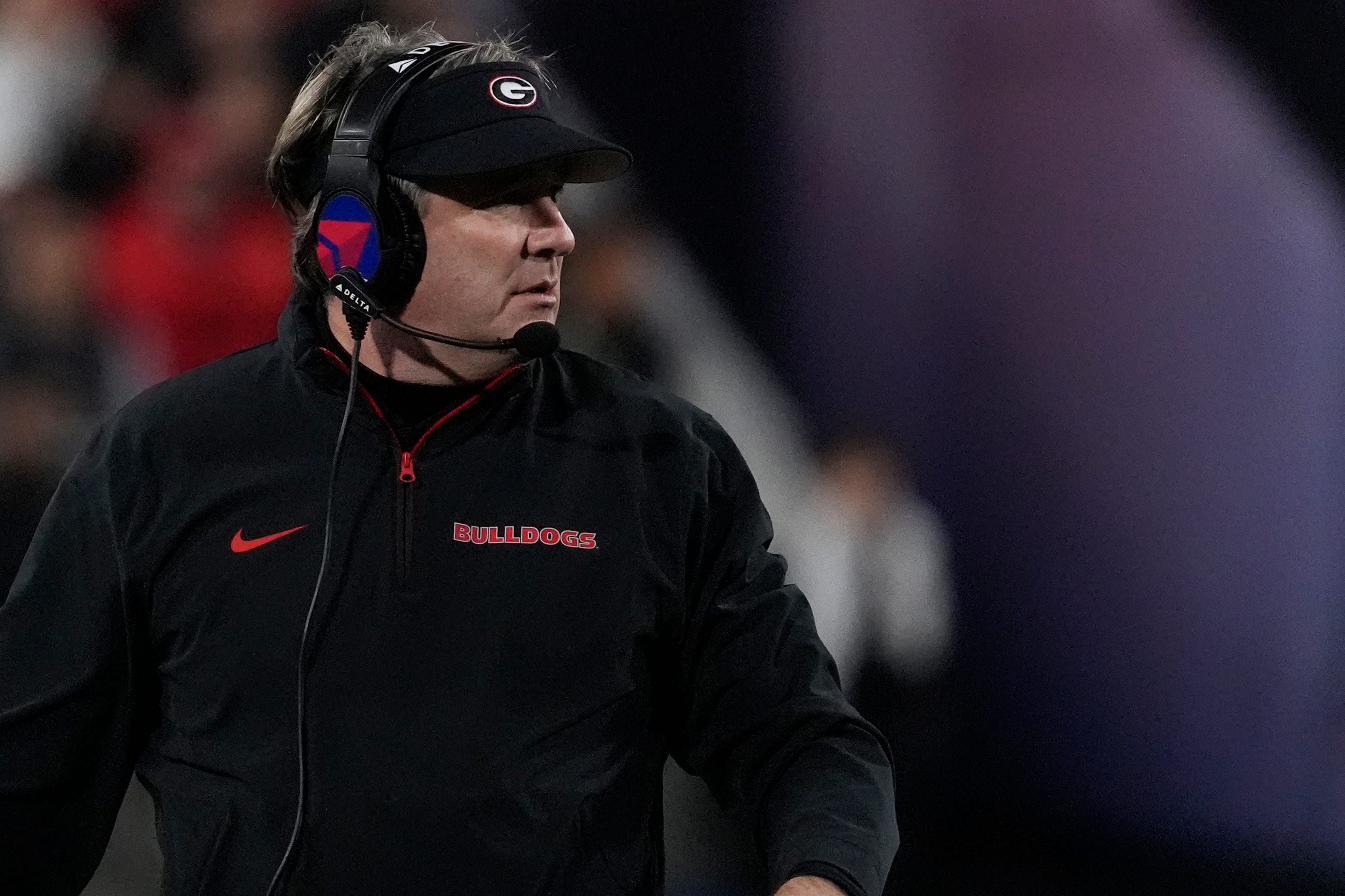 Georgia head coach Kirby Smart on the sideline during the first half of a NCAA college football game against Tennessee in Athens, Ga., on Saturday, Nov. 16, 2024.