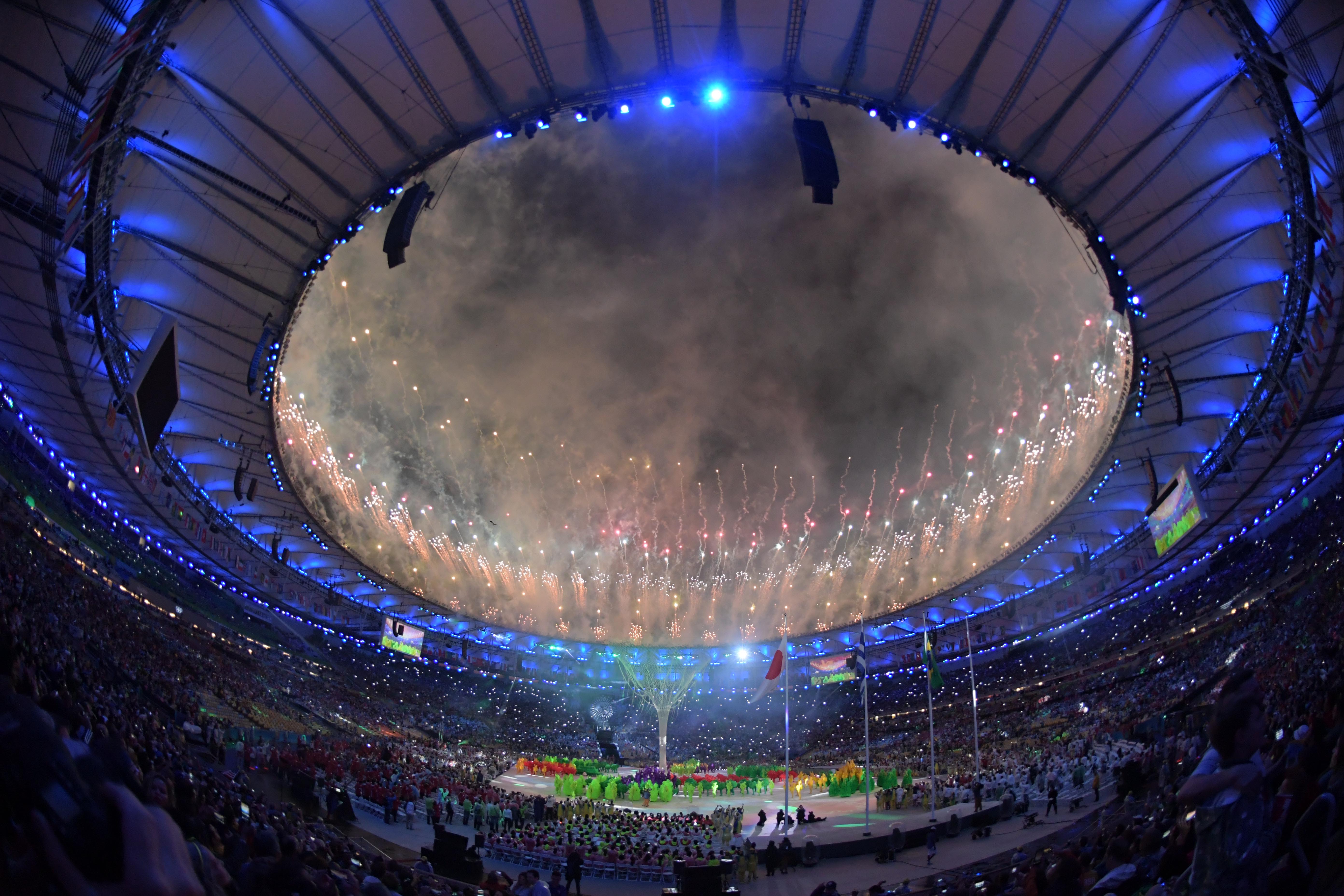 A general view of fireworks during the closing ceremonies for the Rio 2016 Summer Olympic Games at Maracana.