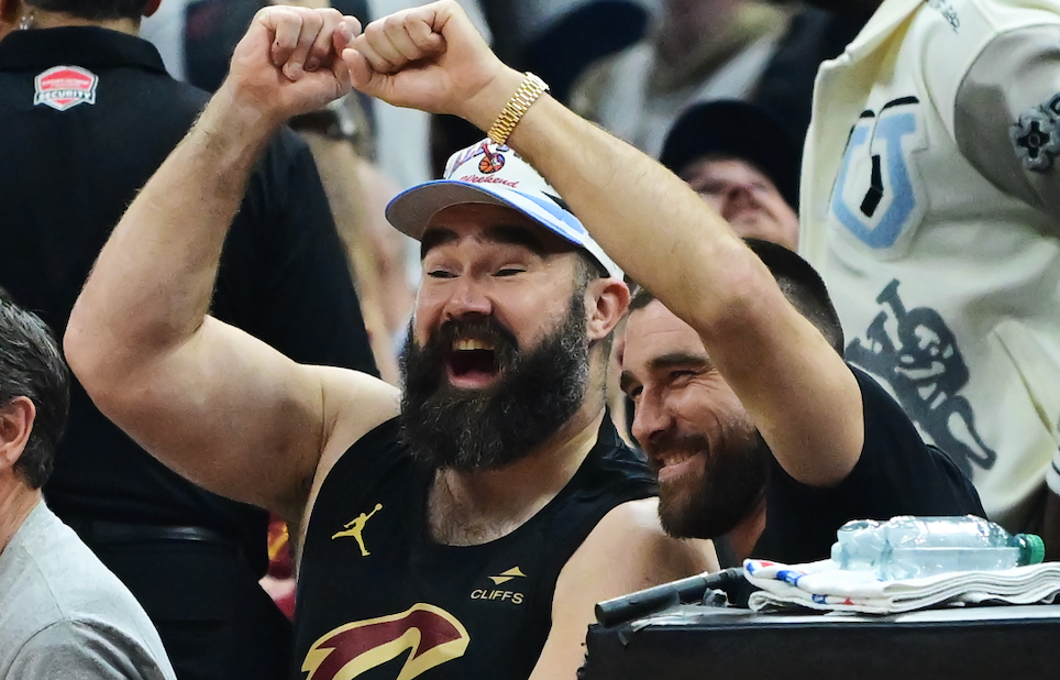 Mar 5, 2024; Cleveland, Ohio, USA; Jason, left, and Travis Kelce watch the game between the Cleveland Cavaliers and the Boston Celtics during the first half at Rocket Mortgage FieldHouse.