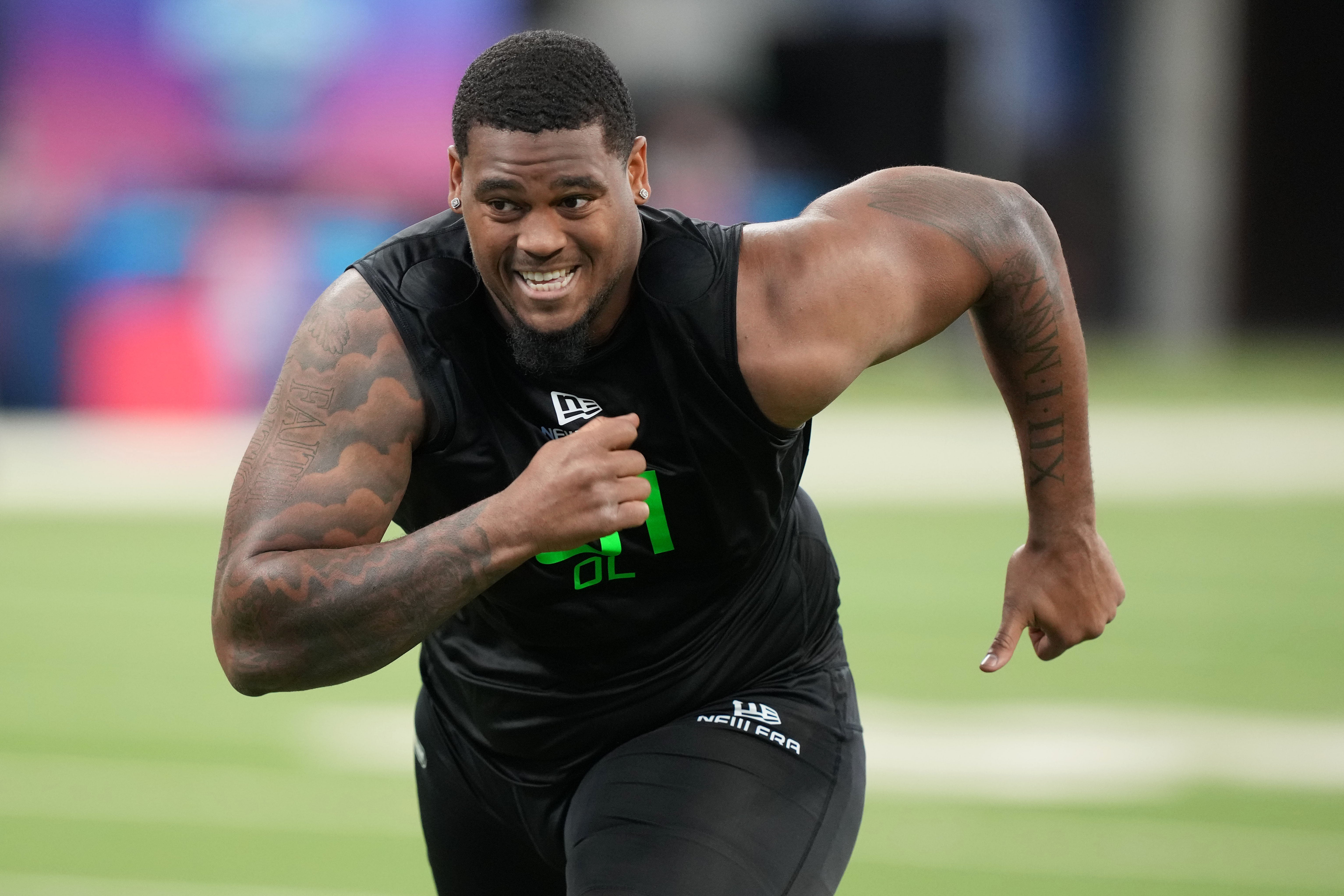 Texas offensive lineman Kelvin Banks (OL01) during the 2025 NFL Combine at Lucas Oil Stadium.