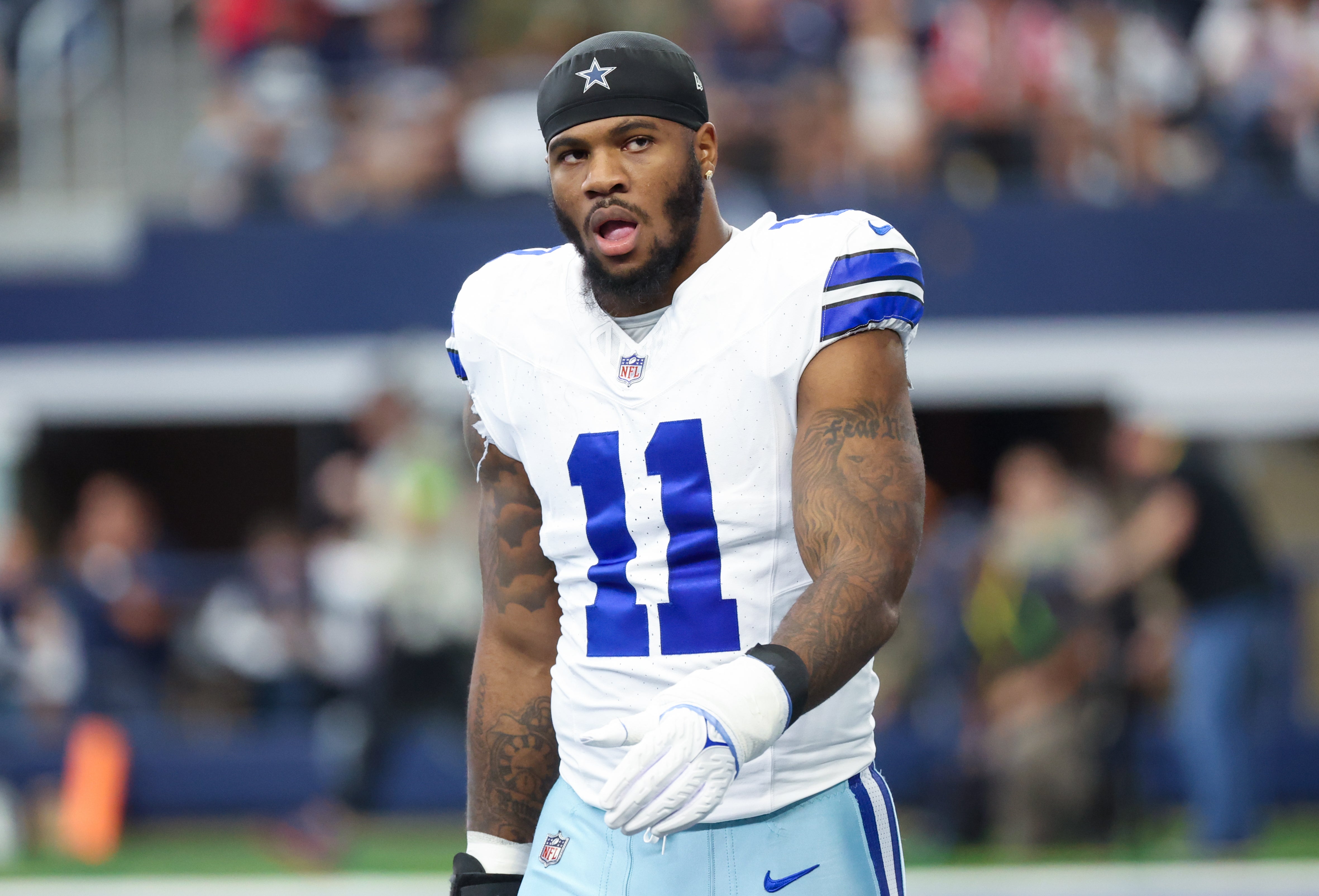 Dallas Cowboys linebacker Micah Parsons (11) before the game against the New England Patriots at AT&T Stadium.