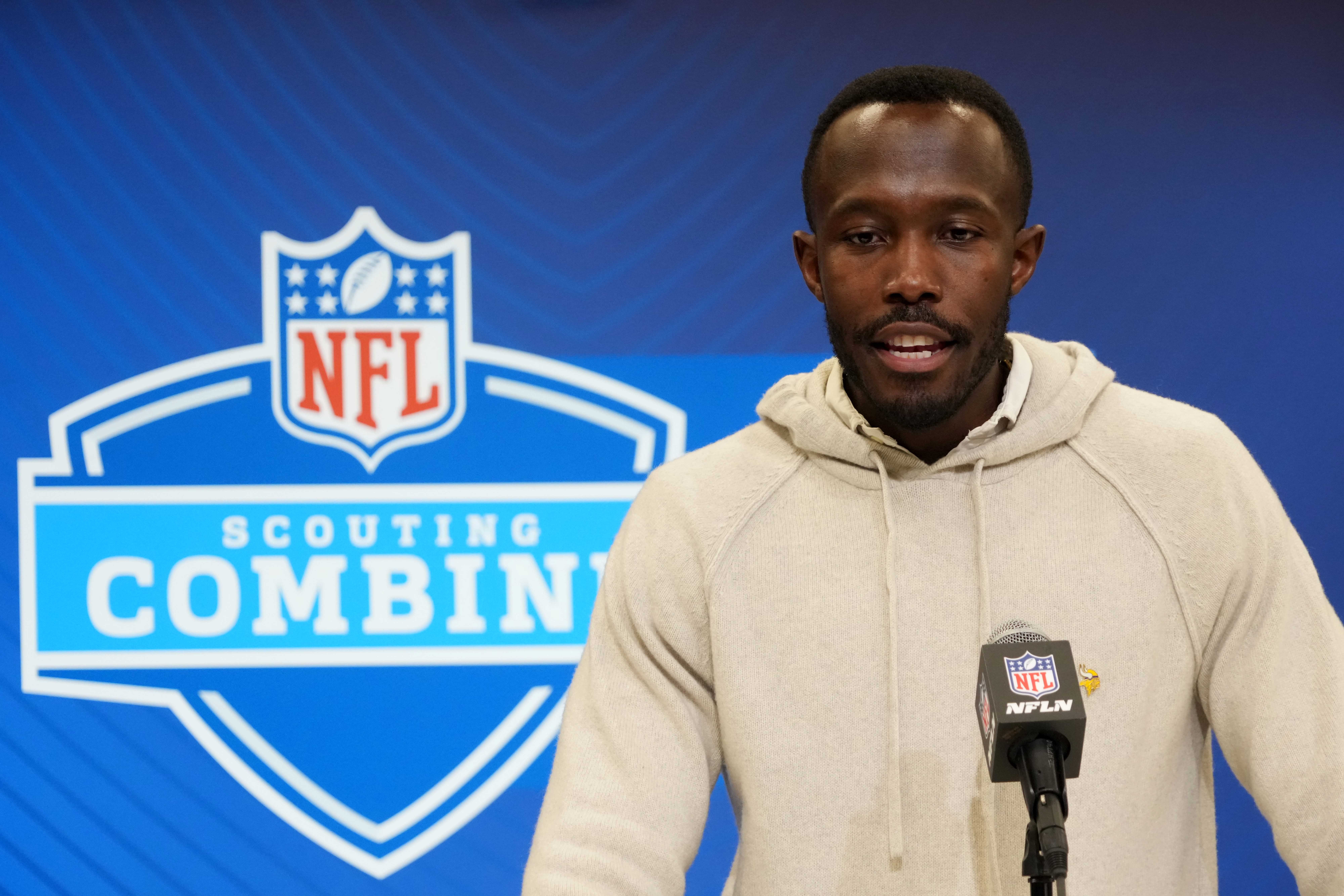 Feb 25, 2025; Indianapolis, IN, USA; Minnesota Vikings general manager Kwesi Adofo-Mensah speaks during the NFL Scouting Combine at the Indiana Convention Center.