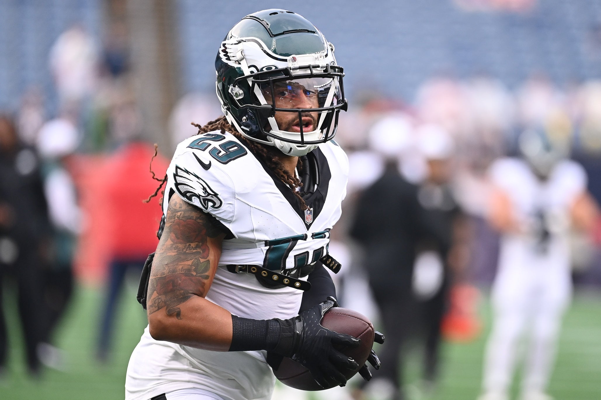 Philadelphia Eagles cornerback Avonte Maddox (29) warms up before a game against the New England Patriots at Gillette Stadium.