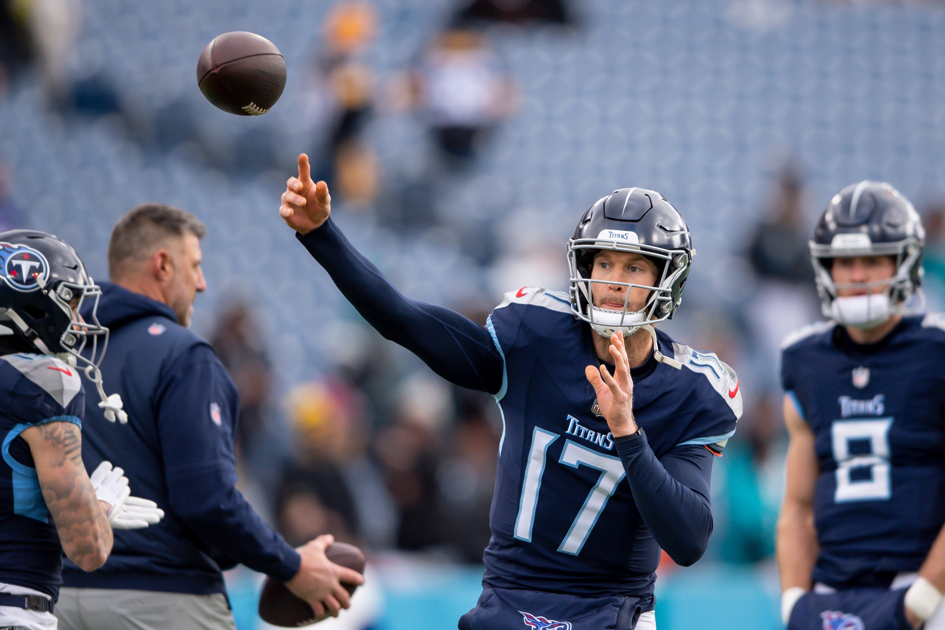 Jan 7, 2024; Nashville, Tennessee, USA; Tennessee Titans quarterback Ryan Tannehill (17) throws during pre-game warmups against the Jacksonville Jaguars at Nissan Stadium.