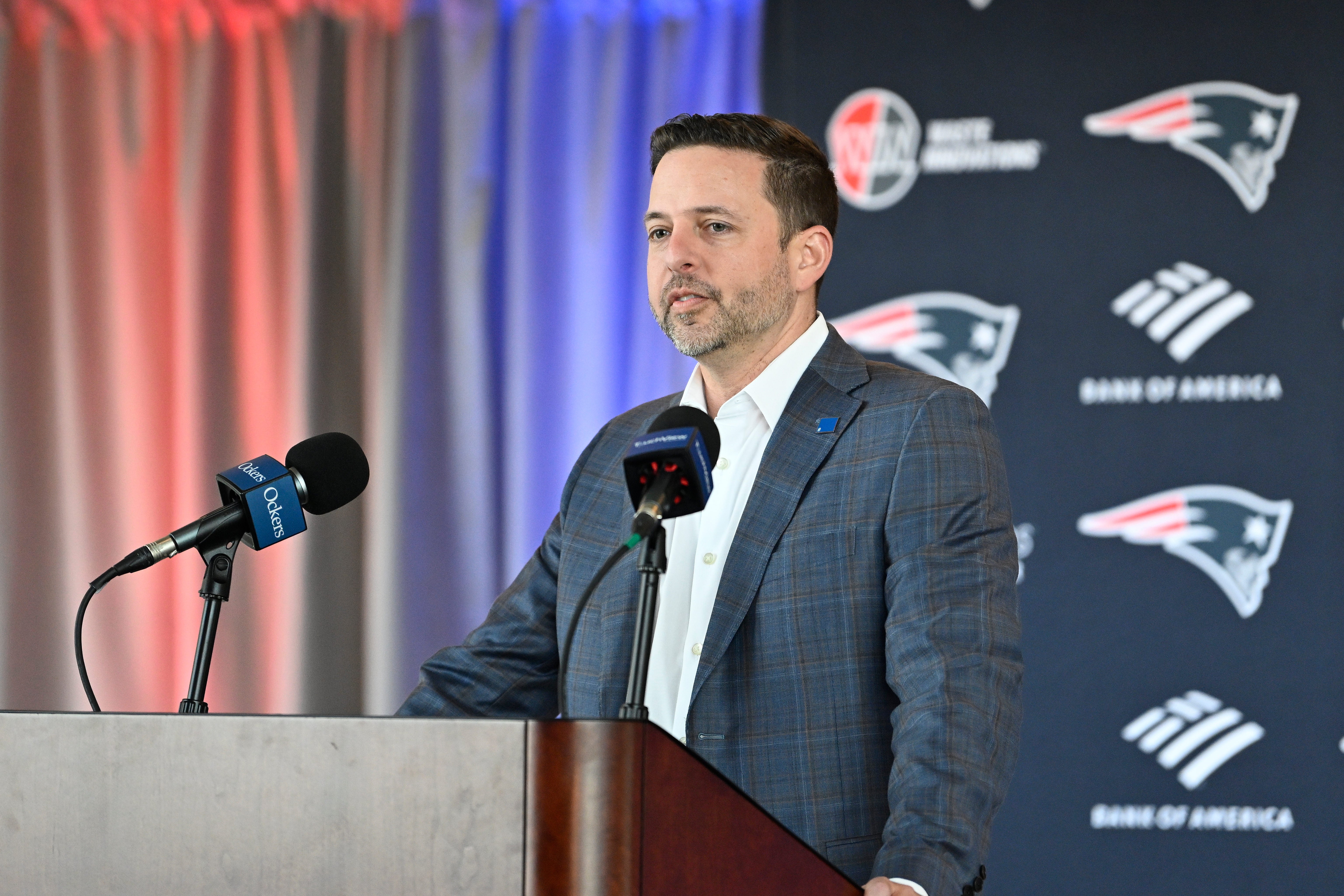 Mar 13, 2025; Foxborough, MA, USA; New England Patriots executive vice president of player personnel Eliot Wolf discusses the teamís recent free agent additions with the media at Gillette Stadium.