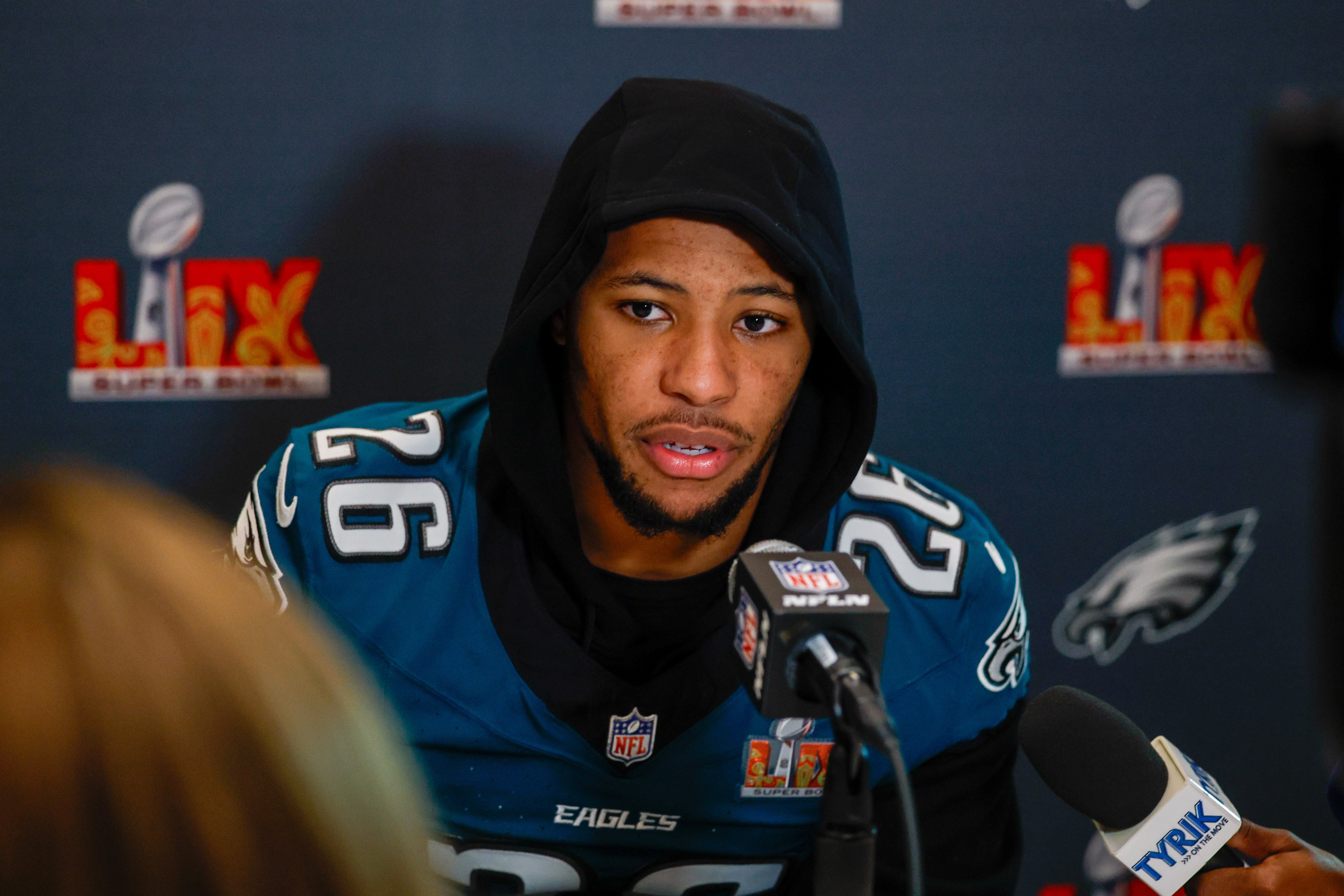 Feb 6, 2025; New Orleans, LA, USA; Philadelphia Eagles running back Saquon Barkley (26) during a press conference in advance of Super Bowl LIX at New Orleans Marriott.