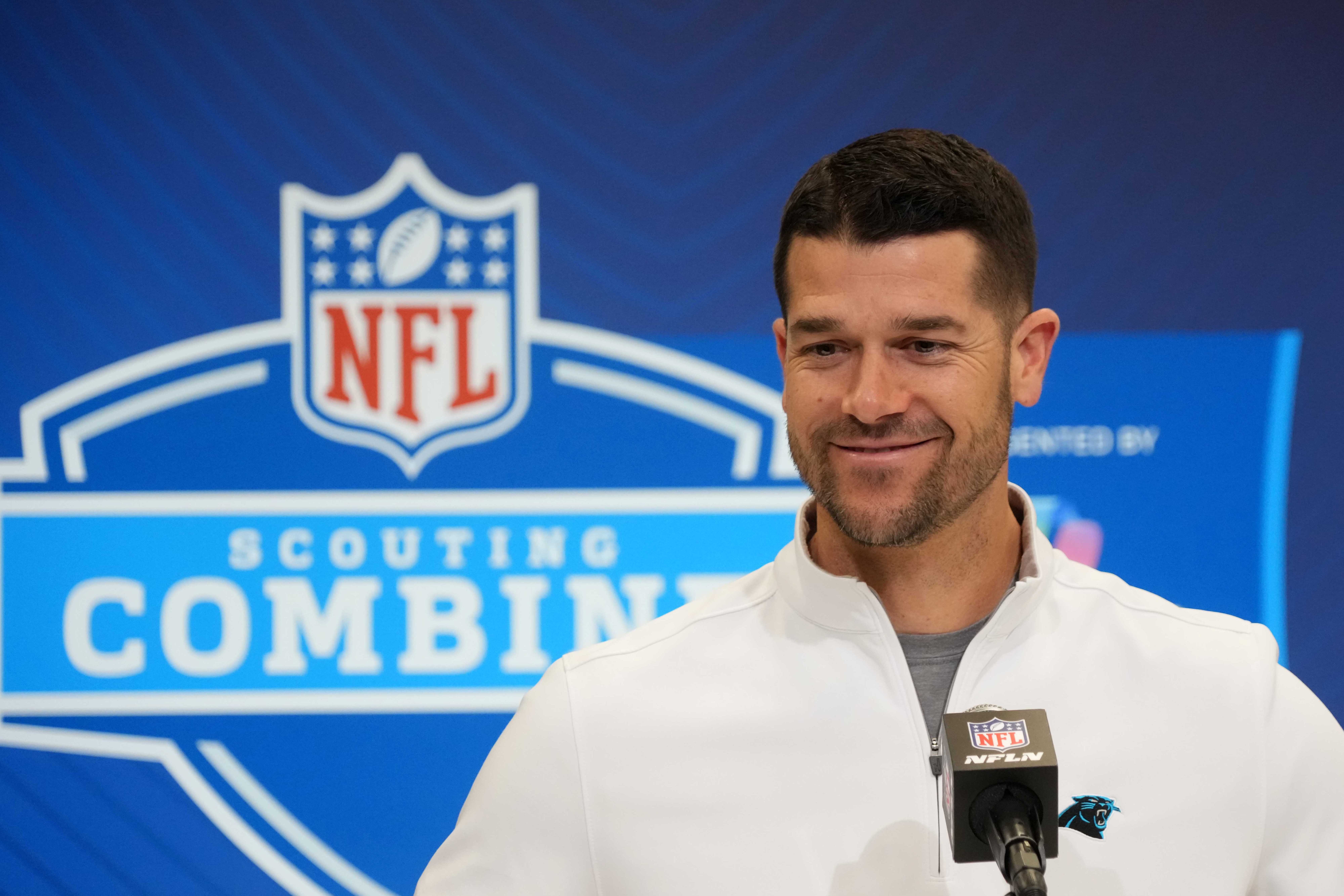 Feb 25, 2025; Indianapolis, IN, USA; Carolina Panthers coach Dave Canales speaks during the NFL Scouting Combine at the Indiana Convention Center.