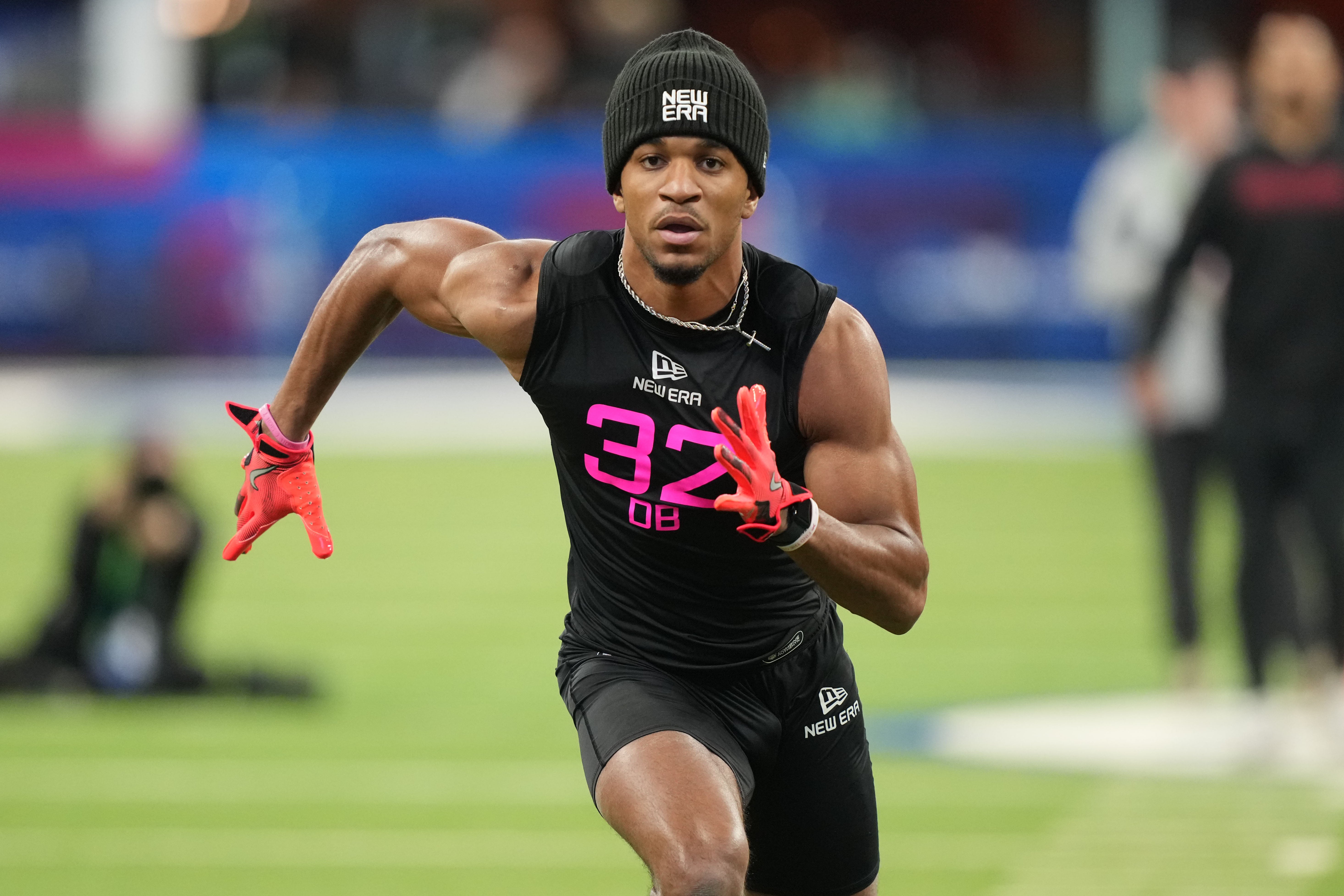 Feb 28, 2025; Indianapolis, IN, USA; Florida State defensive back Azareye'h Thomas (DB32) participates in drills during the 2025 NFL Combine at Lucas Oil Stadium.