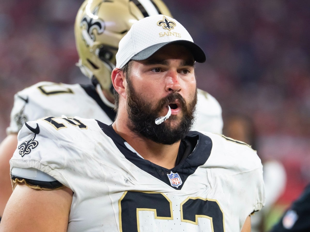 Aug 10, 2024; Glendale, Arizona, USA; New Orleans Saints guard Lucas Patrick (62) against the Arizona Cardinals during a preseason NFL game at State Farm Stadium.