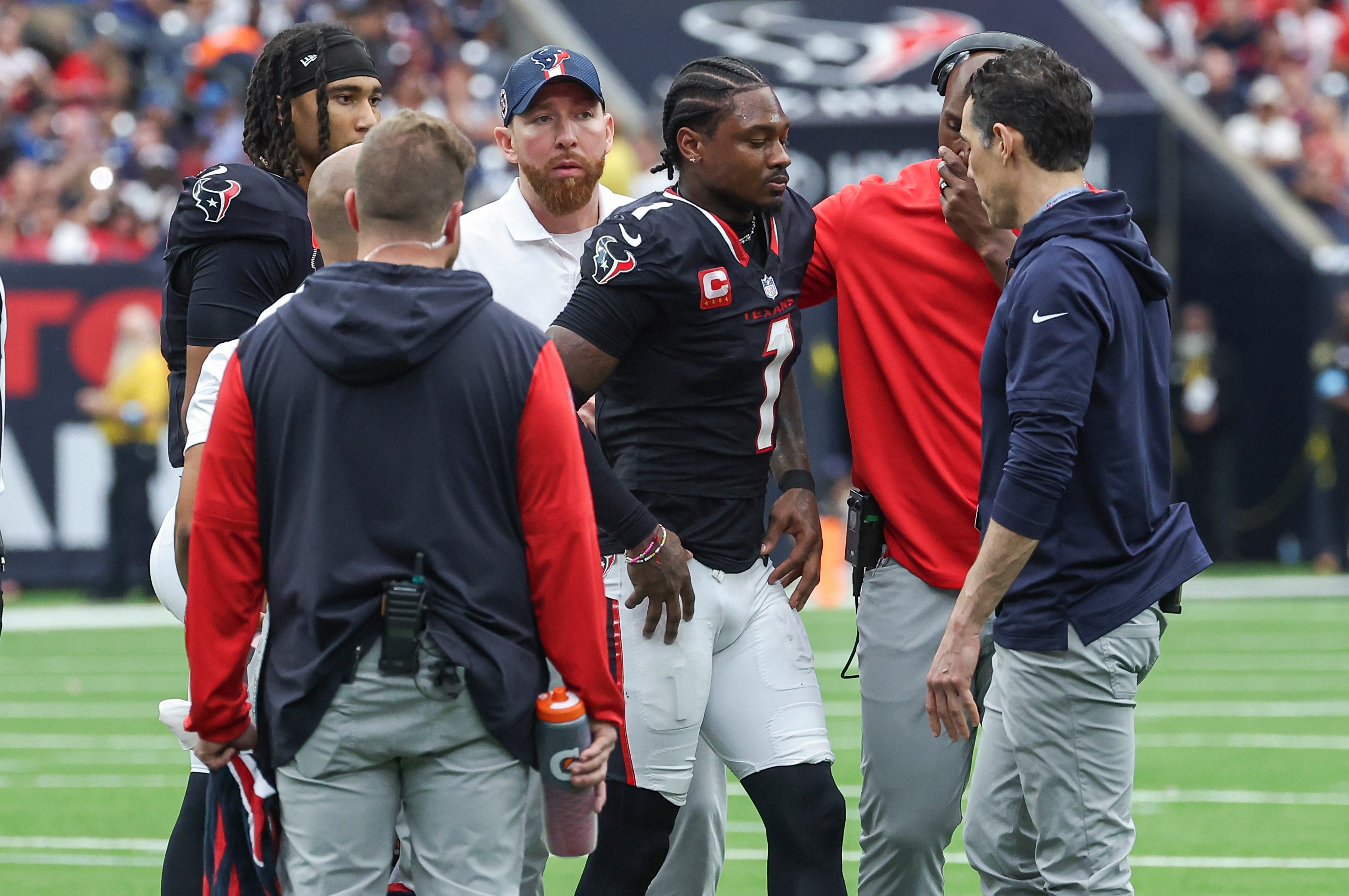 Oct 27, 2024; Houston, Texas, USA; Houston Texans wide receiver Stefon Diggs (1) walks off the field after an apparent injury during the third quarter against the Indianapolis Colts at NRG Stadium.